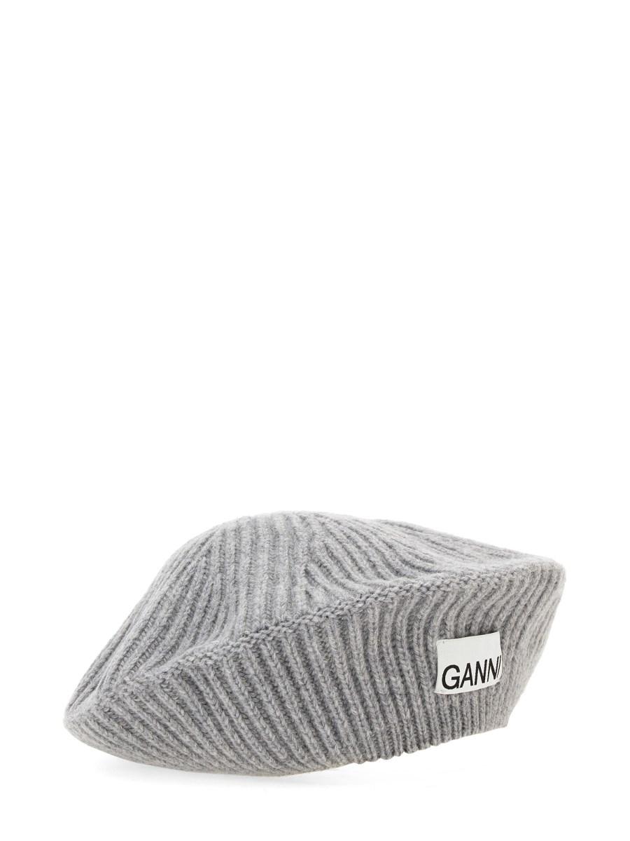 GANNI    WOOL RIBBED KNIT BEANIE