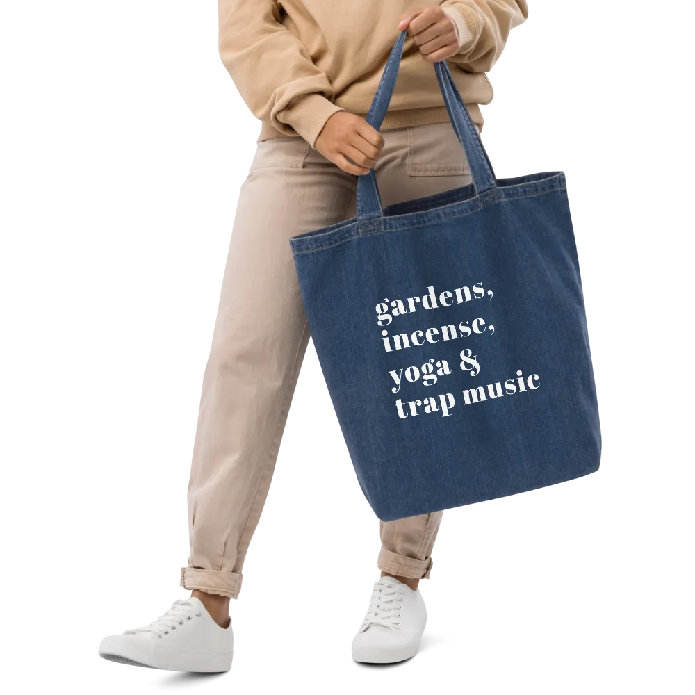 Gardens, Incense, Yoga & Trap Music Denim Tote Bag