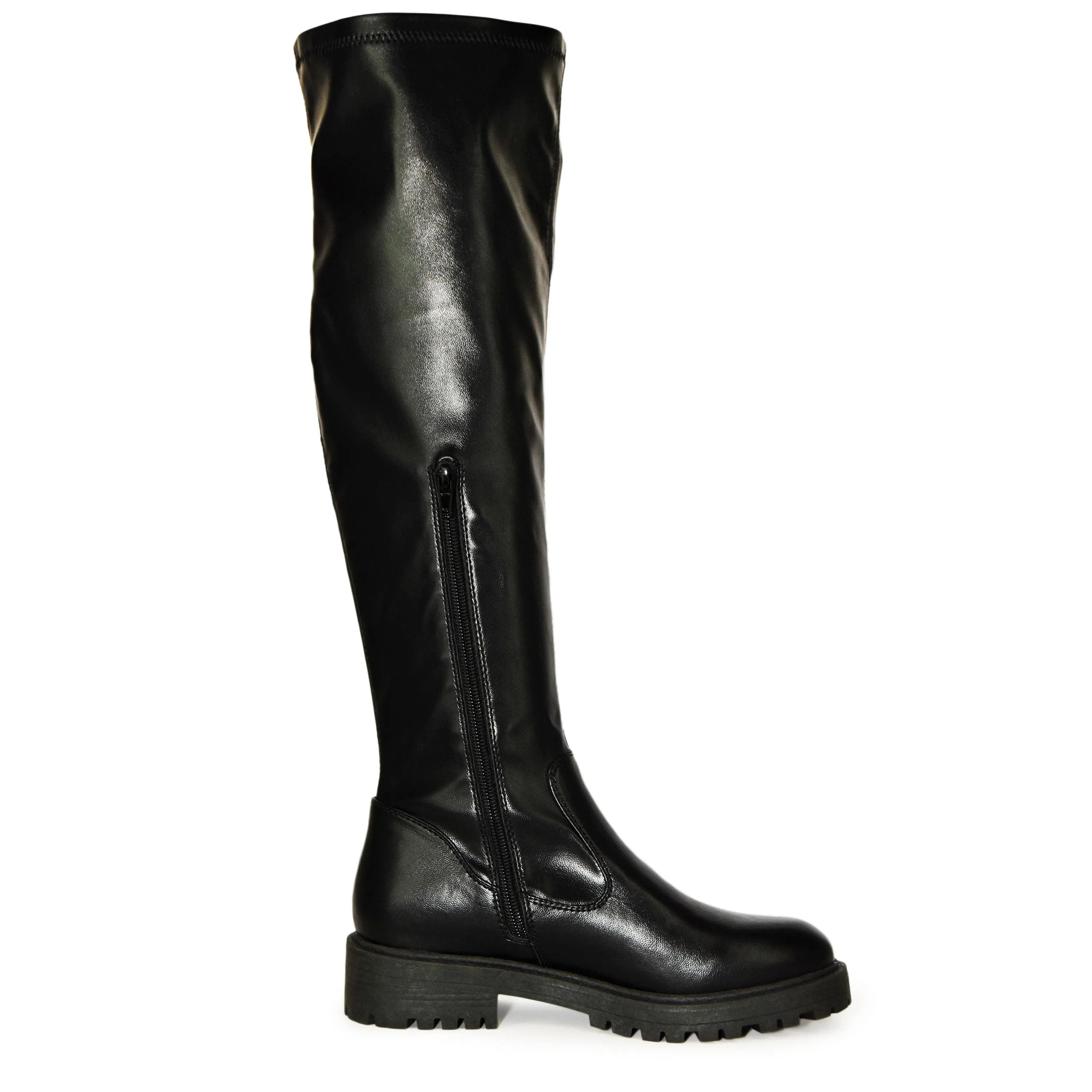 GINA-01 Knee Length Lug Sole Round Toe Boots