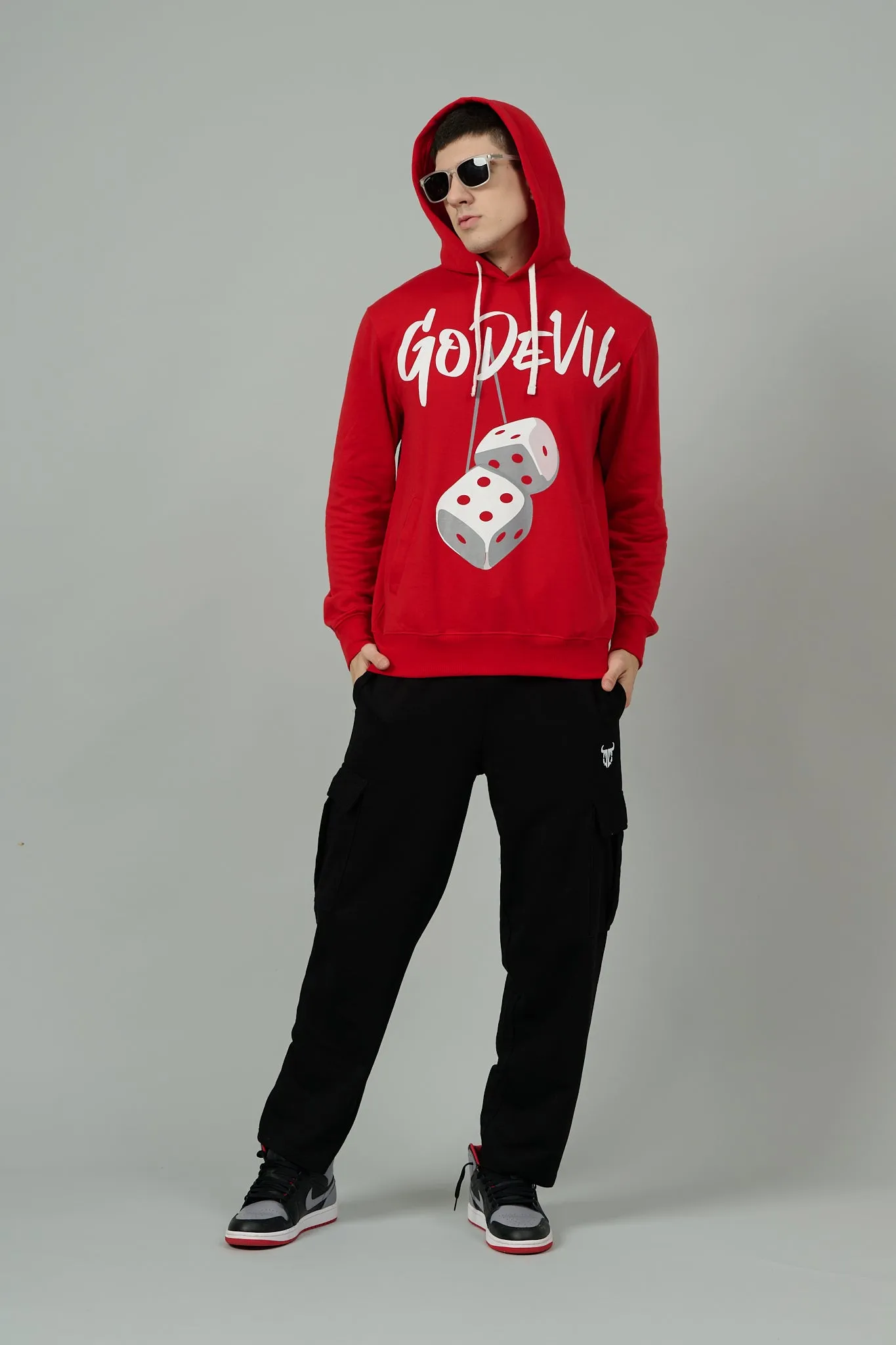 Go Devil Dice Printed Red Hoodie for Men