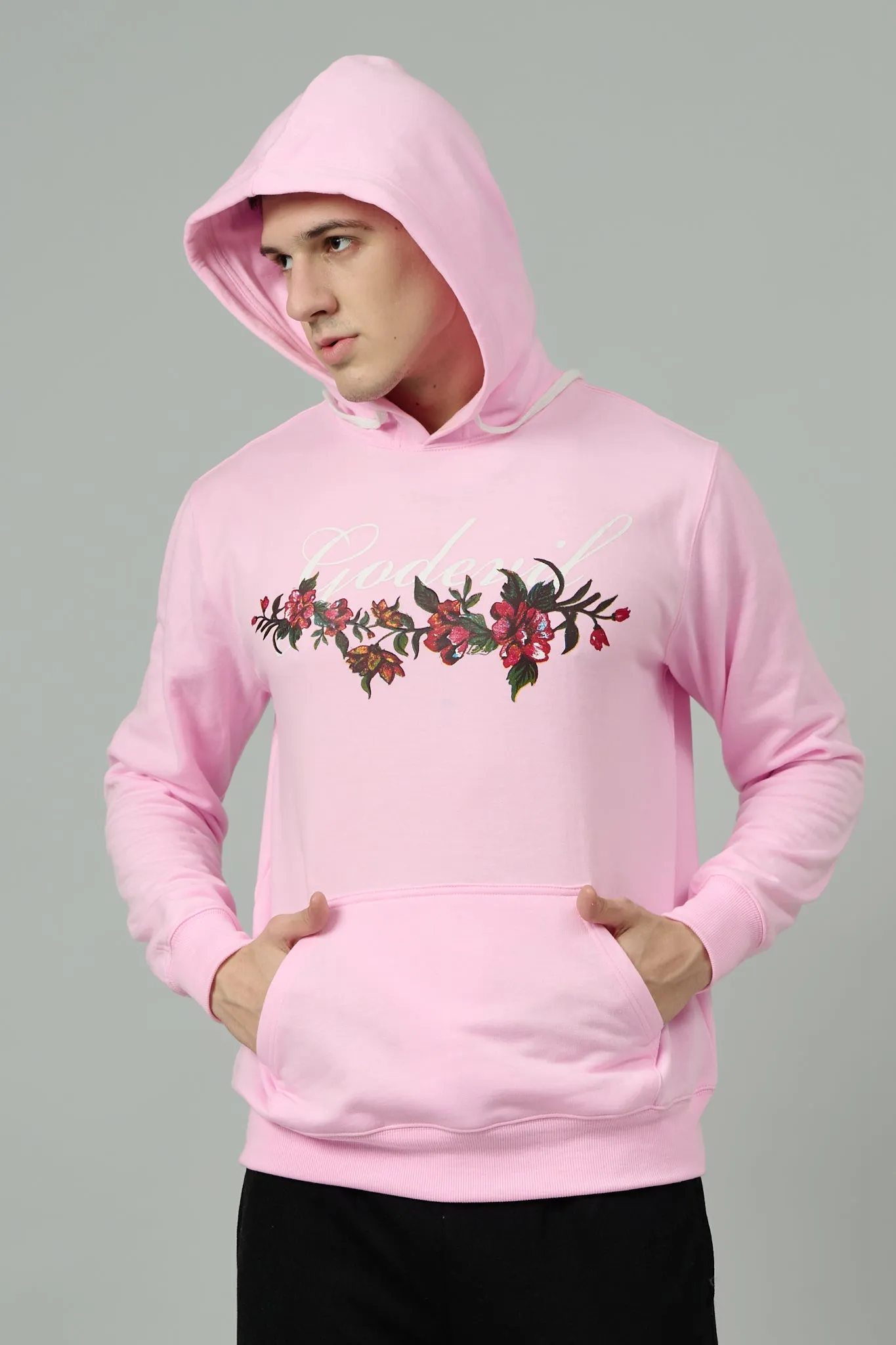 Go Devil with Flower Printed Pink Hoodie for Men