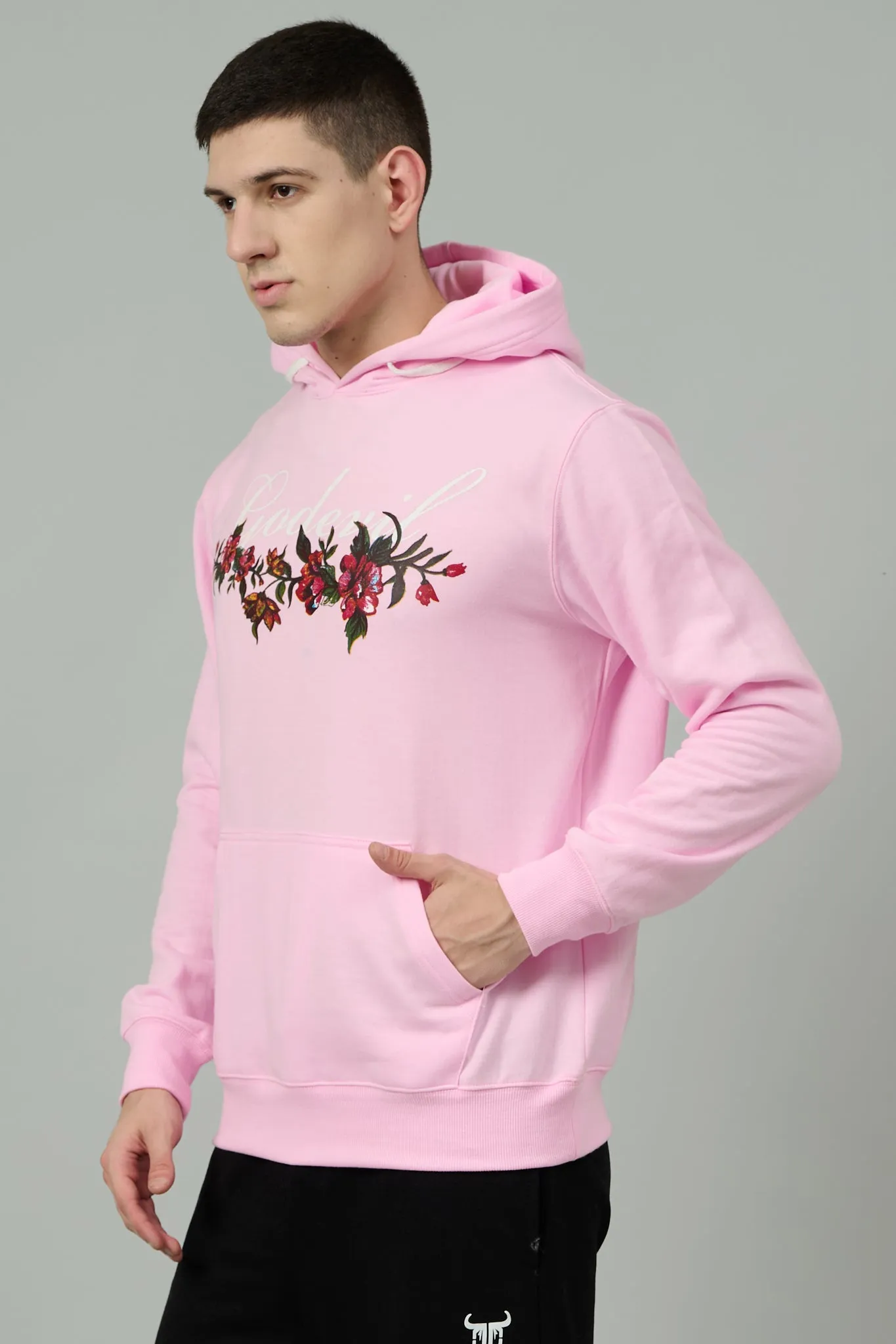 Go Devil with Flower Printed Pink Hoodie for Men