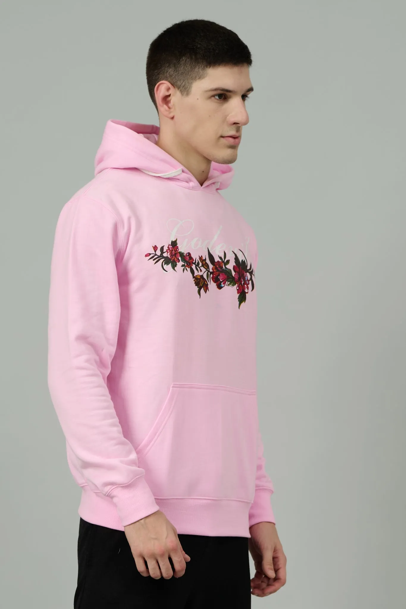 Go Devil with Flower Printed Pink Hoodie for Men