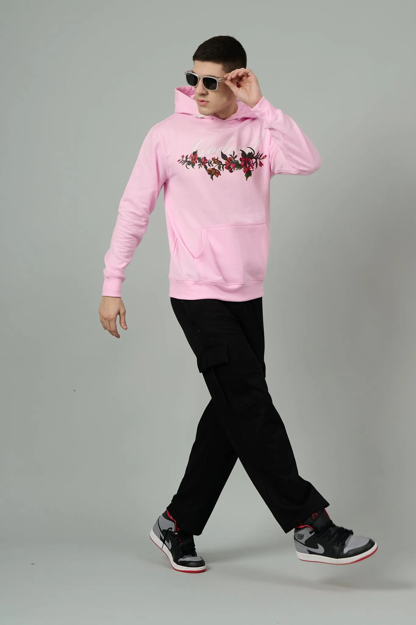 Go Devil with Flower Printed Pink Hoodie for Men