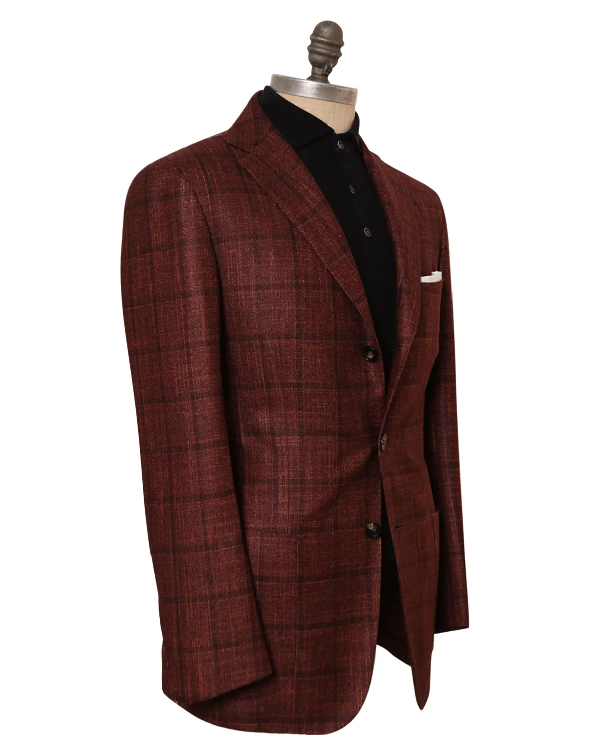 Kiton Rust and Burgundy Windowpane Cashmere Blend Sportcoat