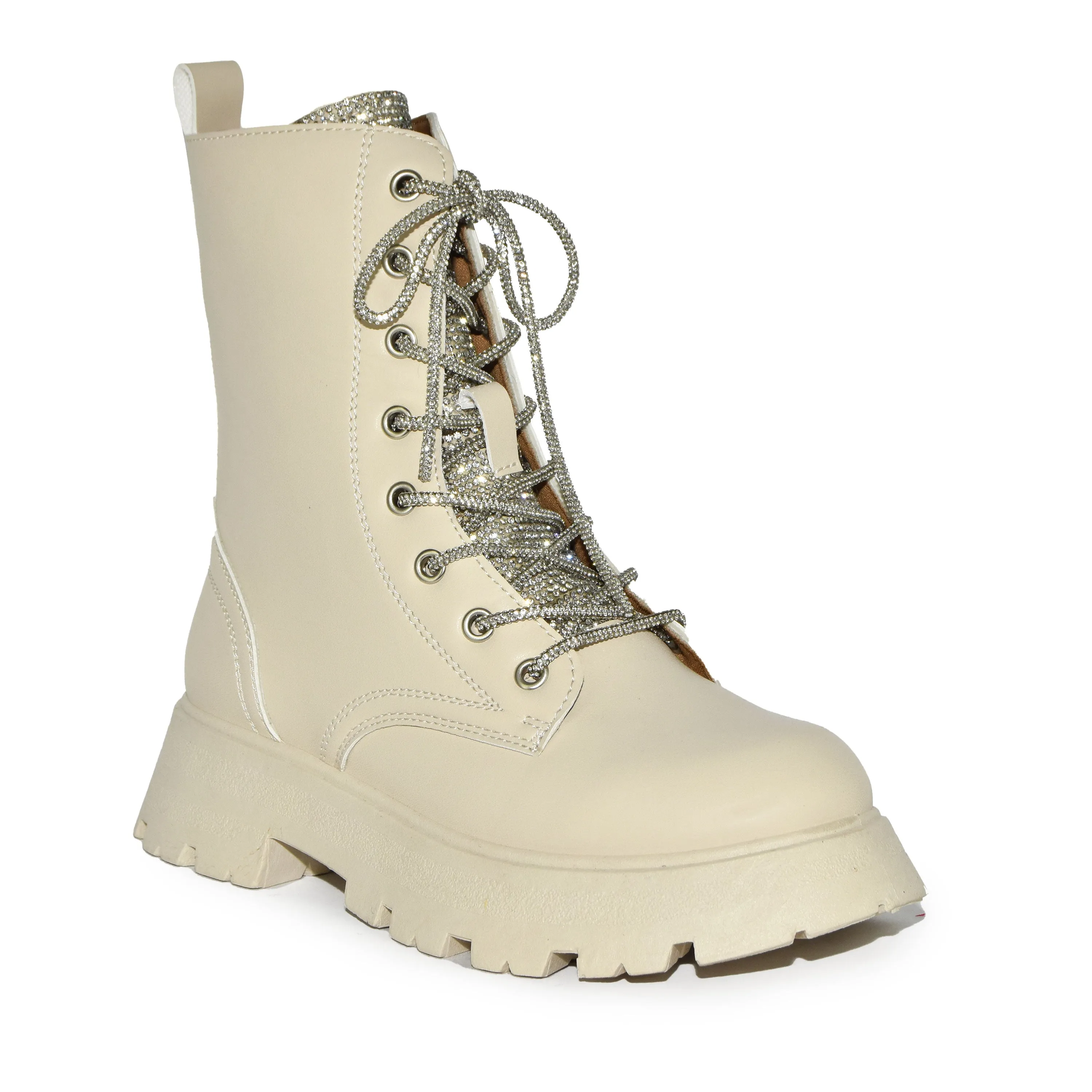 KYOTO-05 Rhinestone Embellished  Laceup Military Lugsole Combat Boots