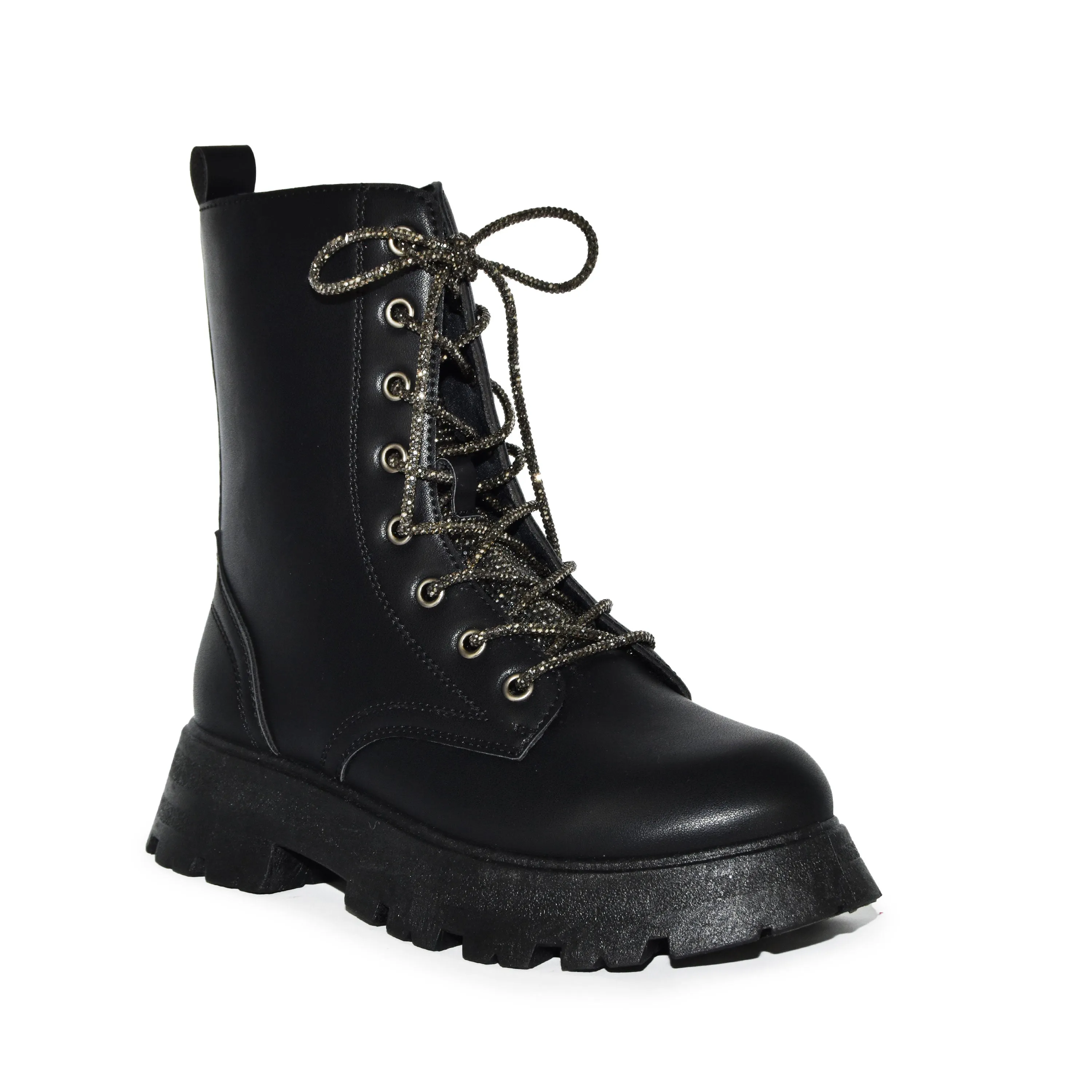 KYOTO-05 Rhinestone Embellished  Laceup Military Lugsole Combat Boots