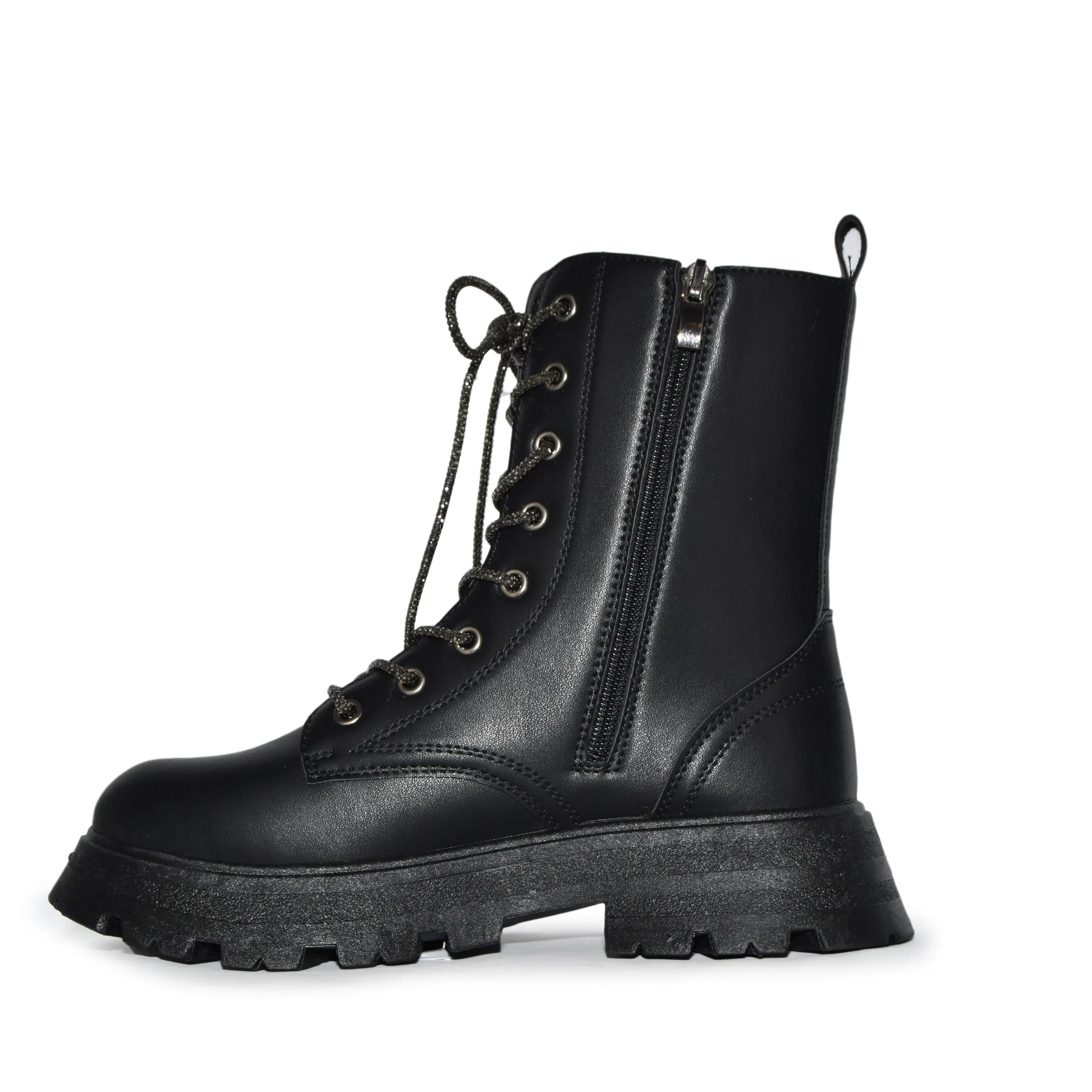 KYOTO-05 Rhinestone Embellished  Laceup Military Lugsole Combat Boots