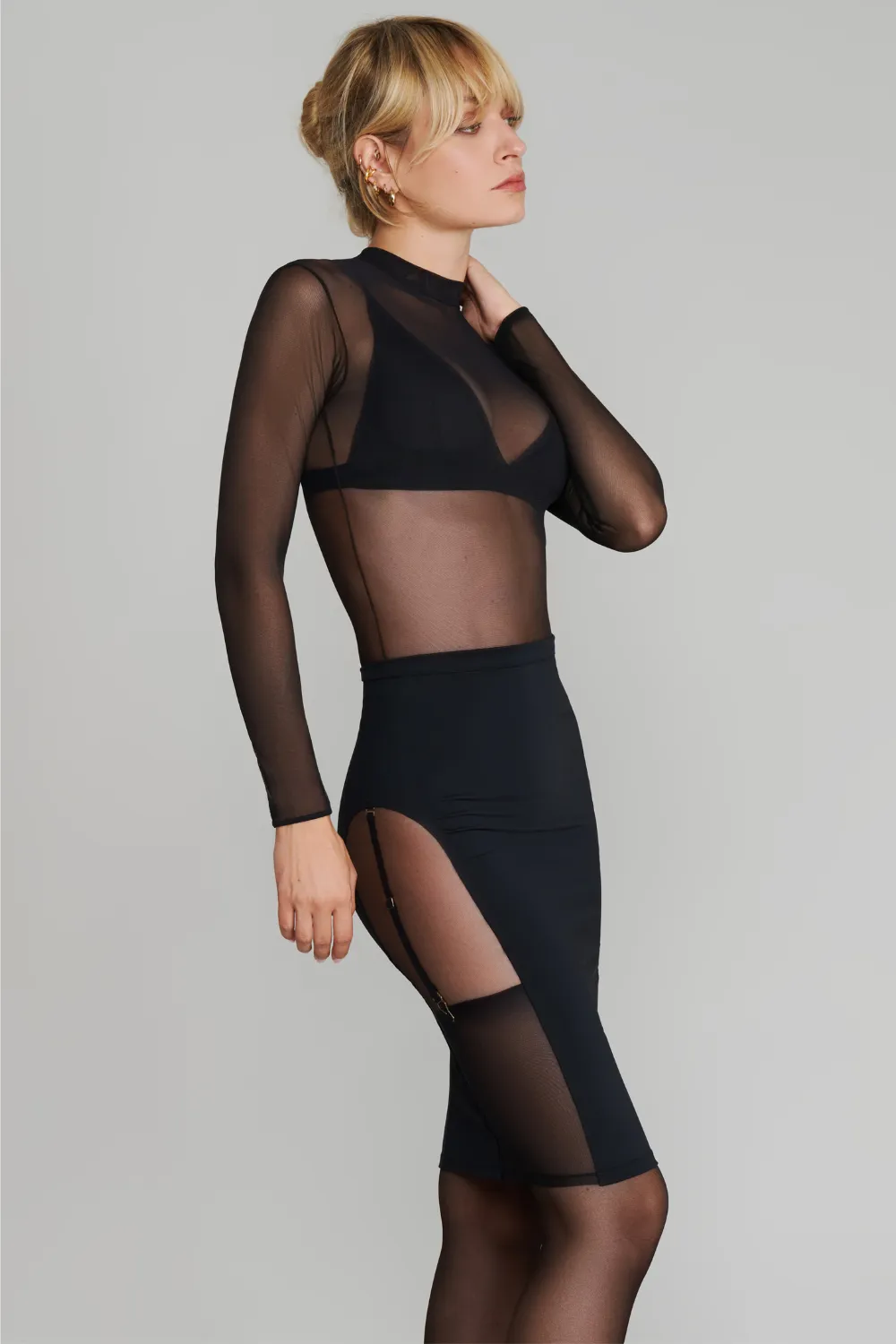 Le Vestiaire Stretch Jersey & Tulle Suspender Pencil Skirt