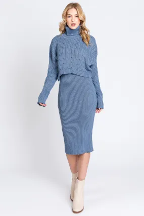 Light Blue Cable Knit Crop Sweater Dress Set