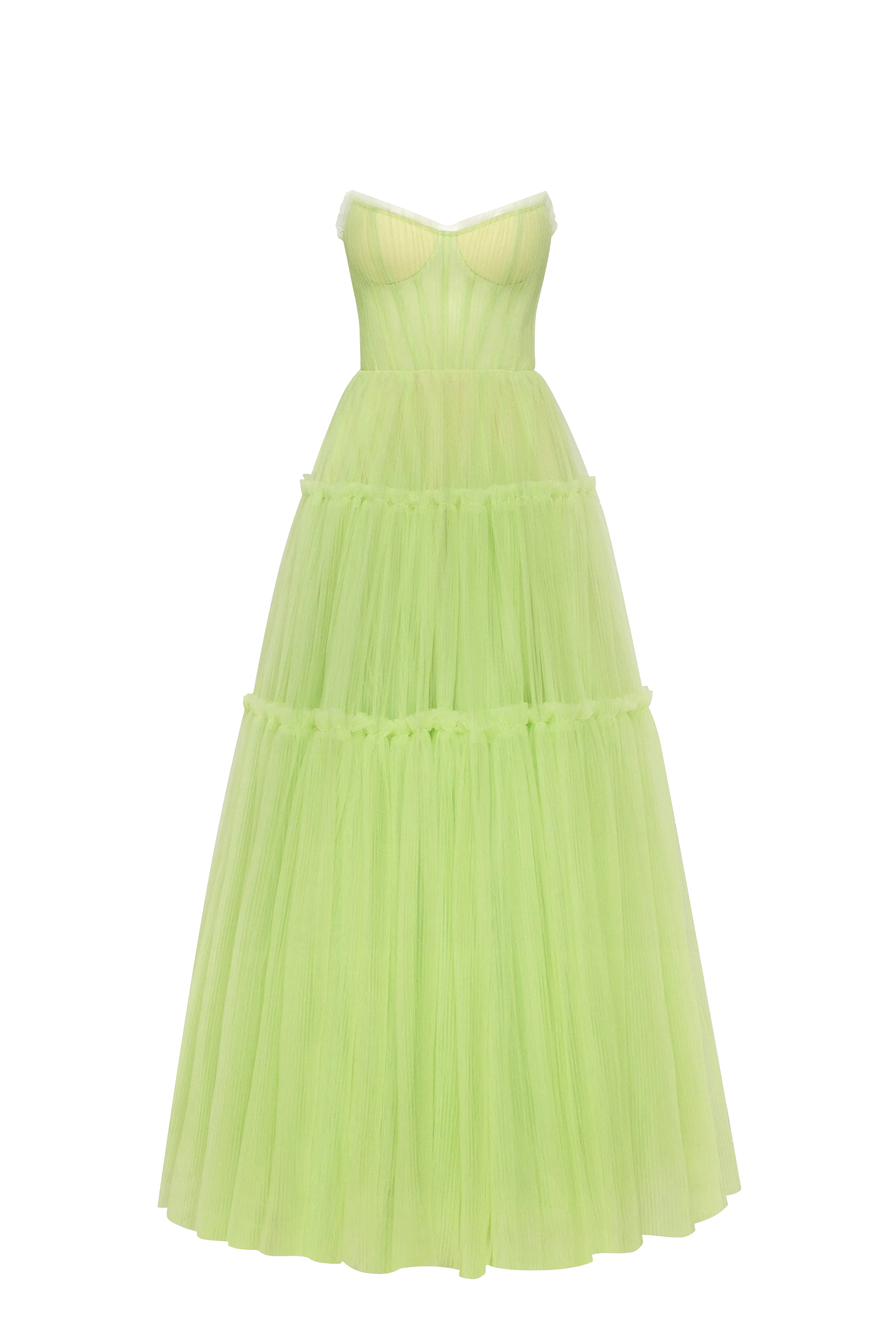 Light green tulle maxi dress with ruffled skirt, Garden of Eden