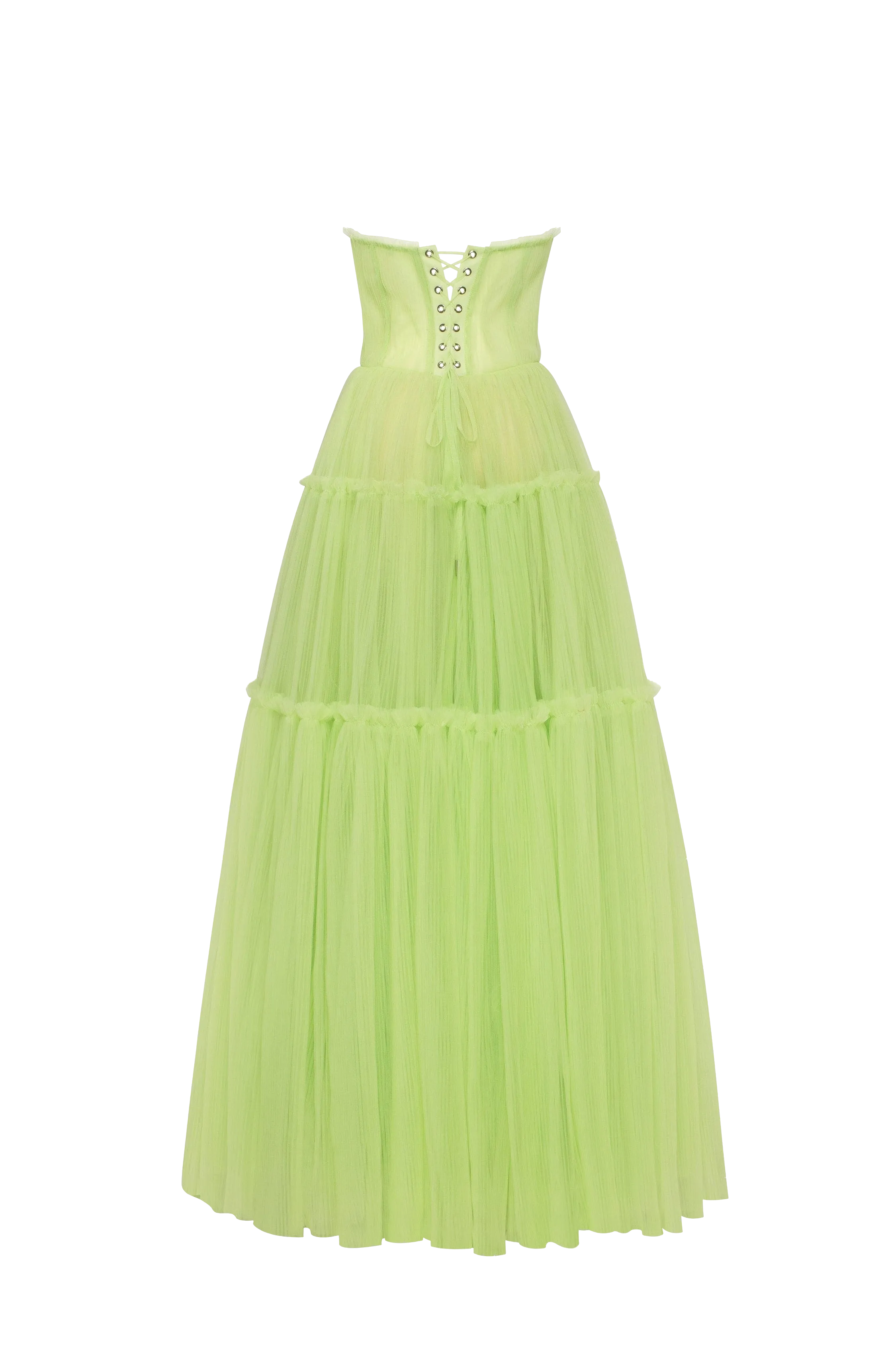 Light green tulle maxi dress with ruffled skirt, Garden of Eden