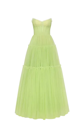 Light green tulle maxi dress with ruffled skirt, Garden of Eden