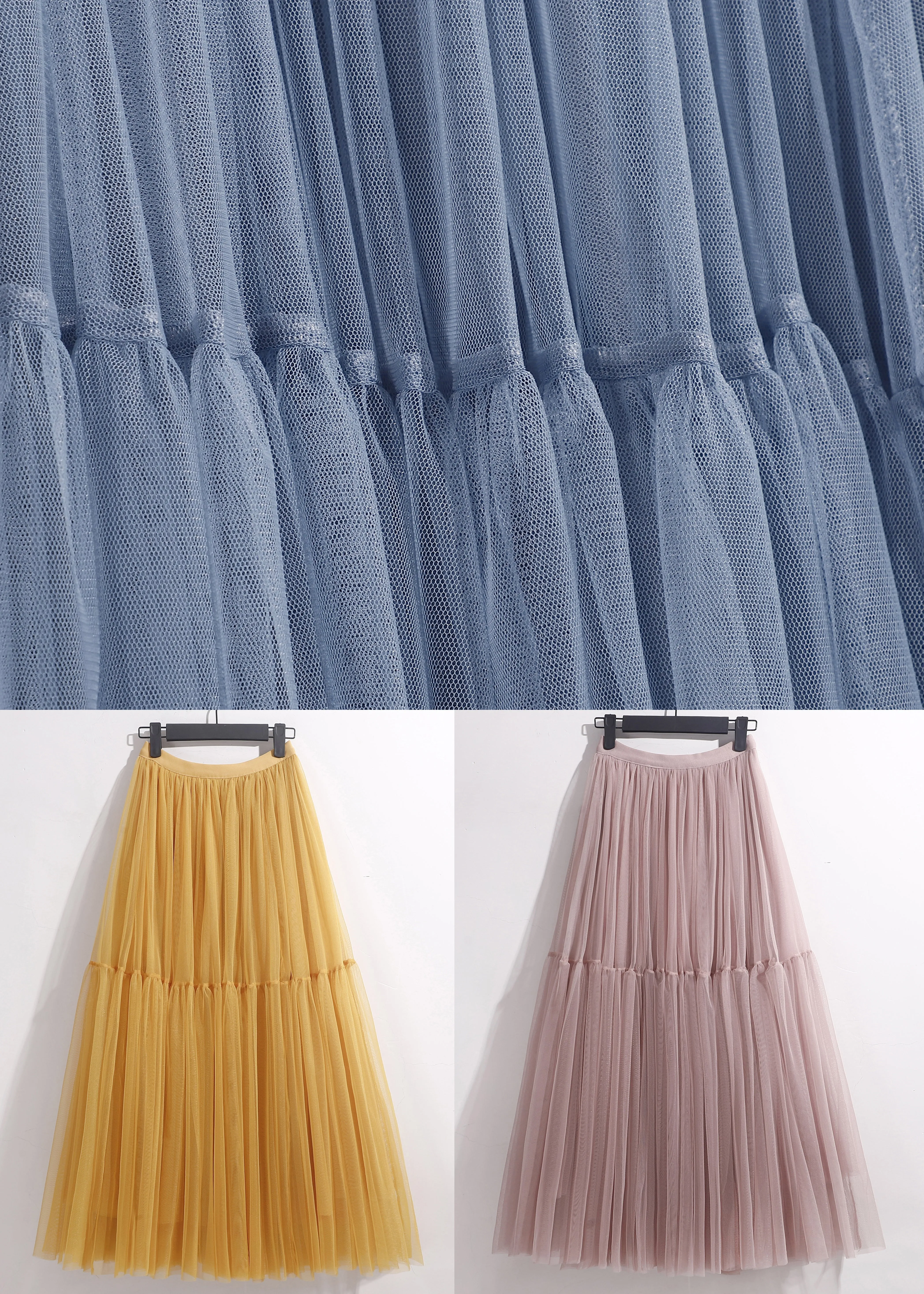 Loose Blue Solid High Waist Tulle Pleated Skirt AS1065