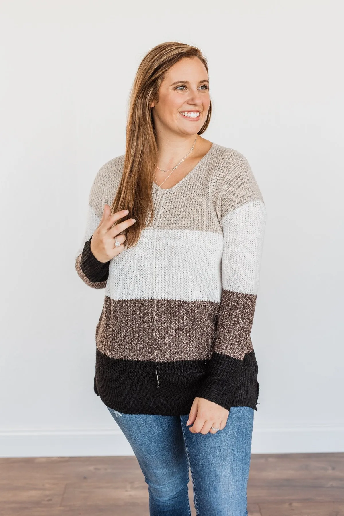 Lovely Leaves Color Block Knit Sweater- Oatmeal & Brown