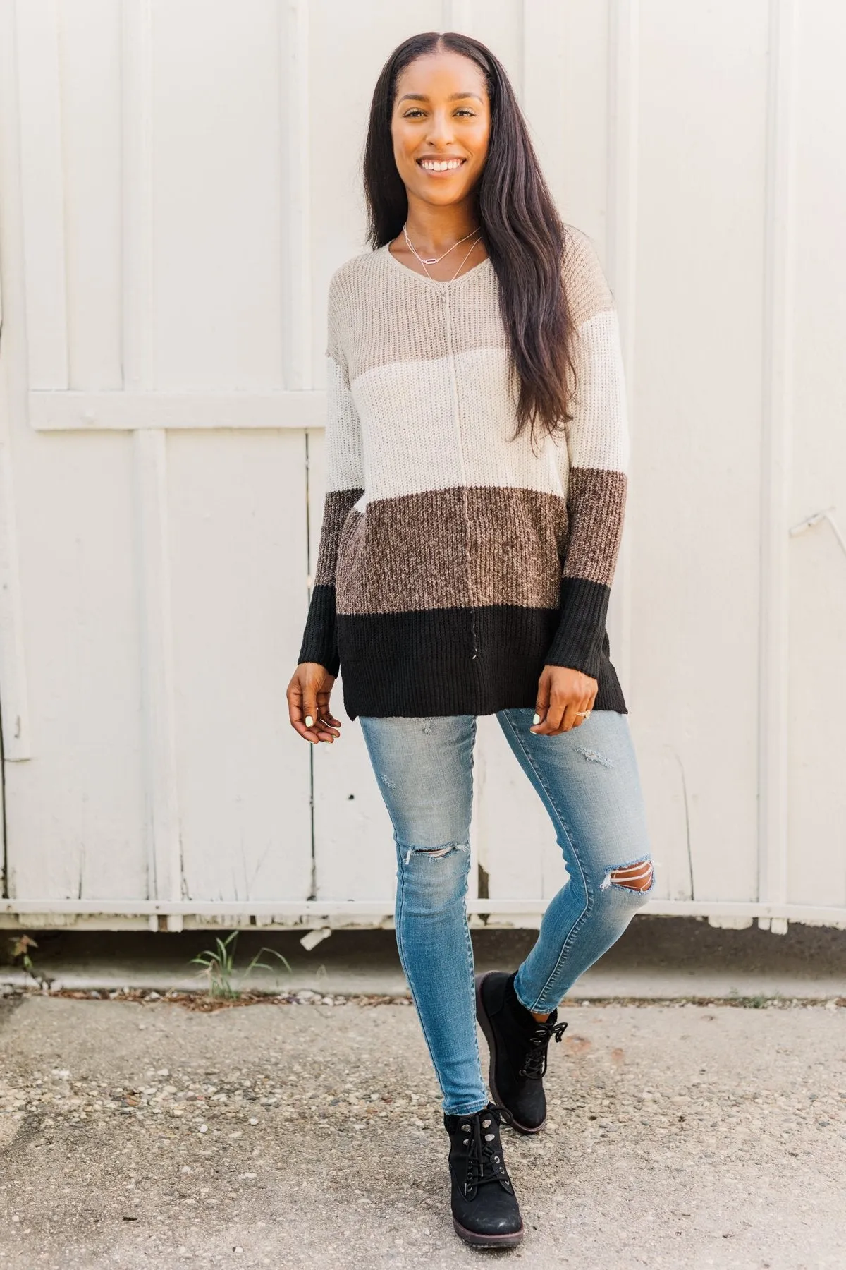 Lovely Leaves Color Block Knit Sweater- Oatmeal & Brown