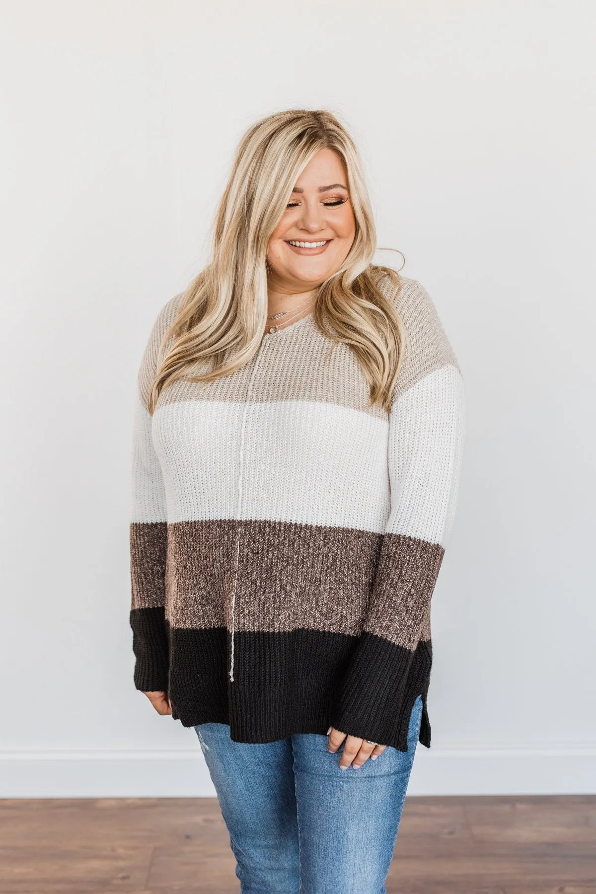 Lovely Leaves Color Block Knit Sweater- Oatmeal & Brown