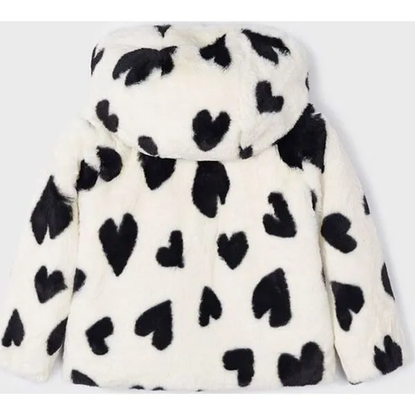 Mayoral Faux Fur Heart Print Coat, Ivory