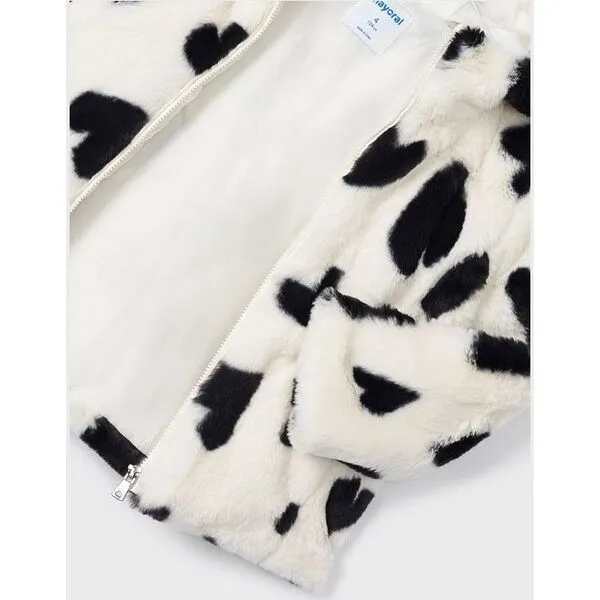 Mayoral Faux Fur Heart Print Coat, Ivory