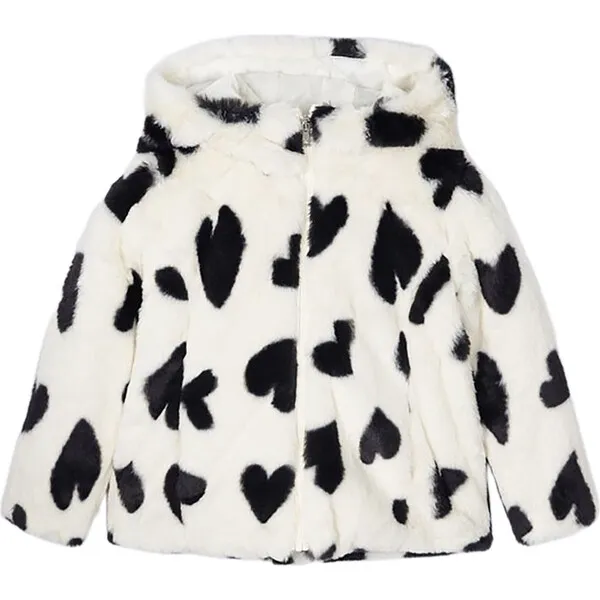 Mayoral Faux Fur Heart Print Coat, Ivory