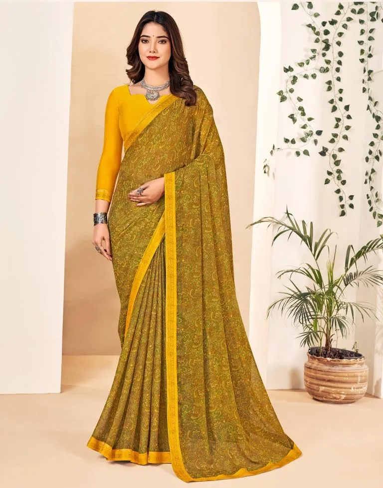 Mustard Yellow Georgette Printed Sarees