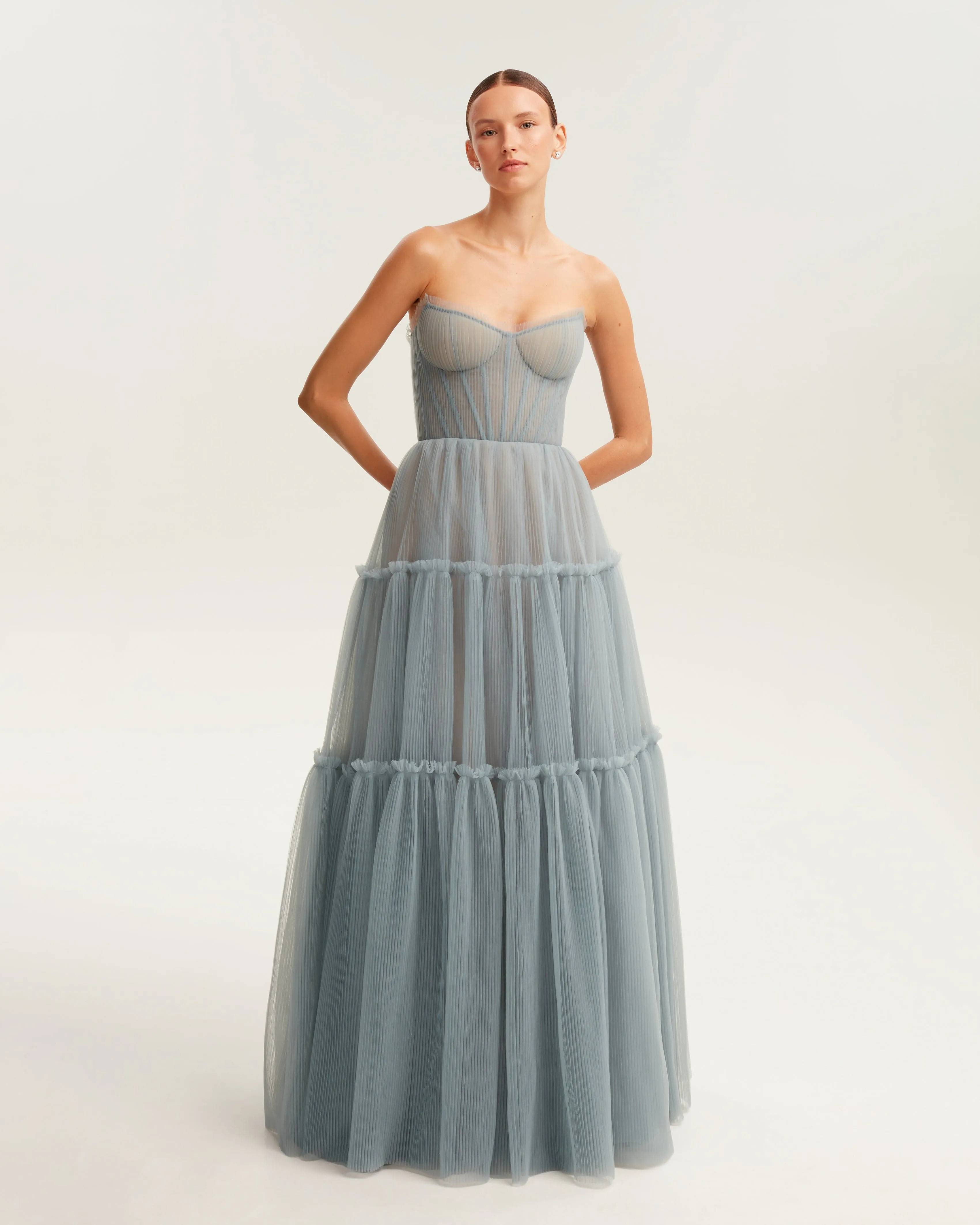 Ocean wave tulle maxi dress with ruffled skirt, Garden of Eden