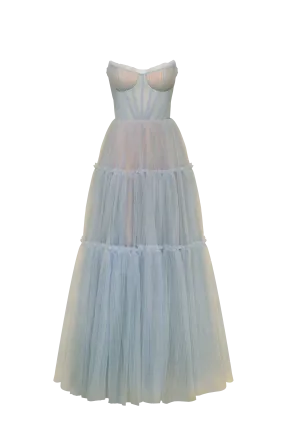 Ocean wave tulle maxi dress with ruffled skirt, Garden of Eden