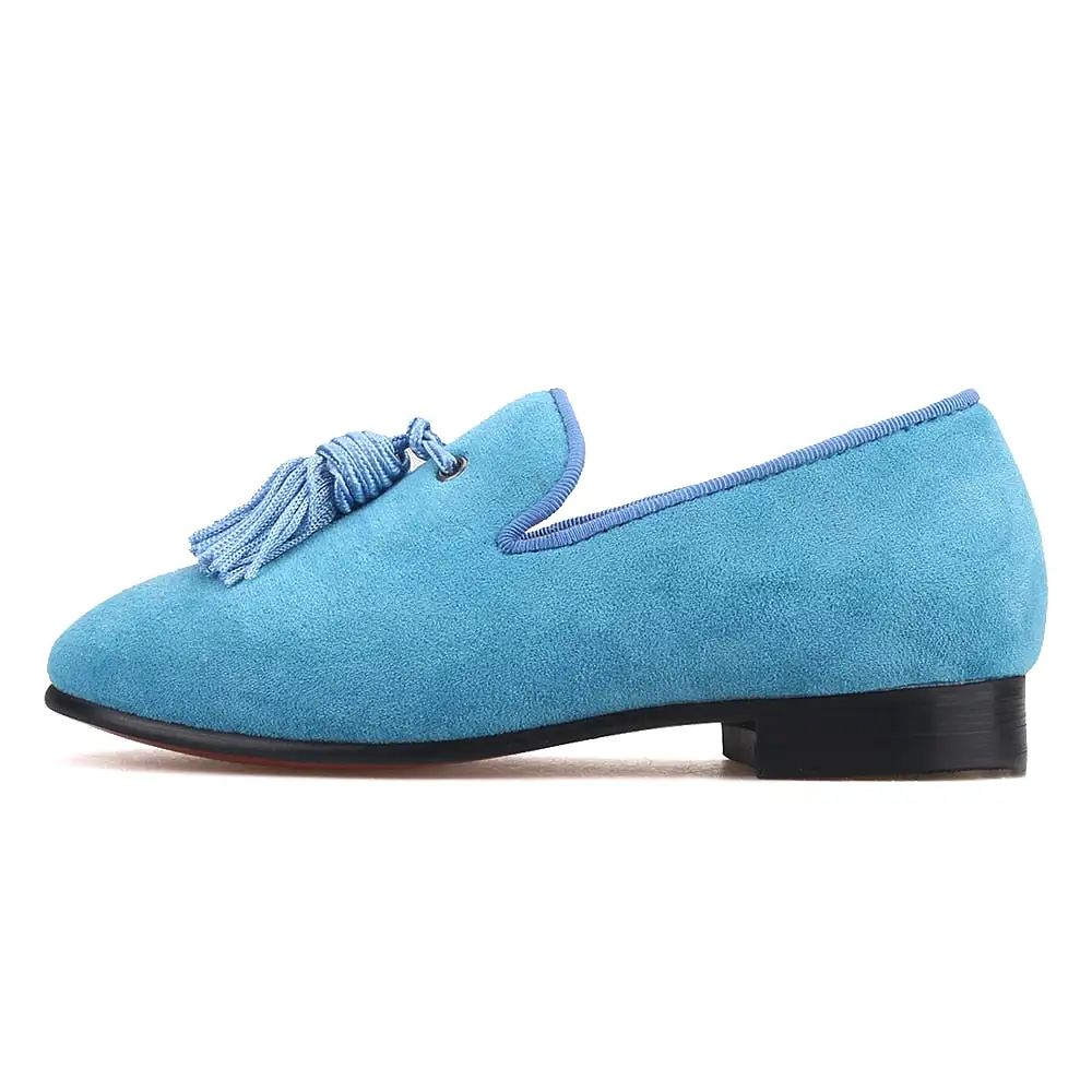 OneDrop Handmade Children Kid Dress Shoes Sky Blue Cow Suede Tassel Party Wedding Prom Red Bottom Loafers