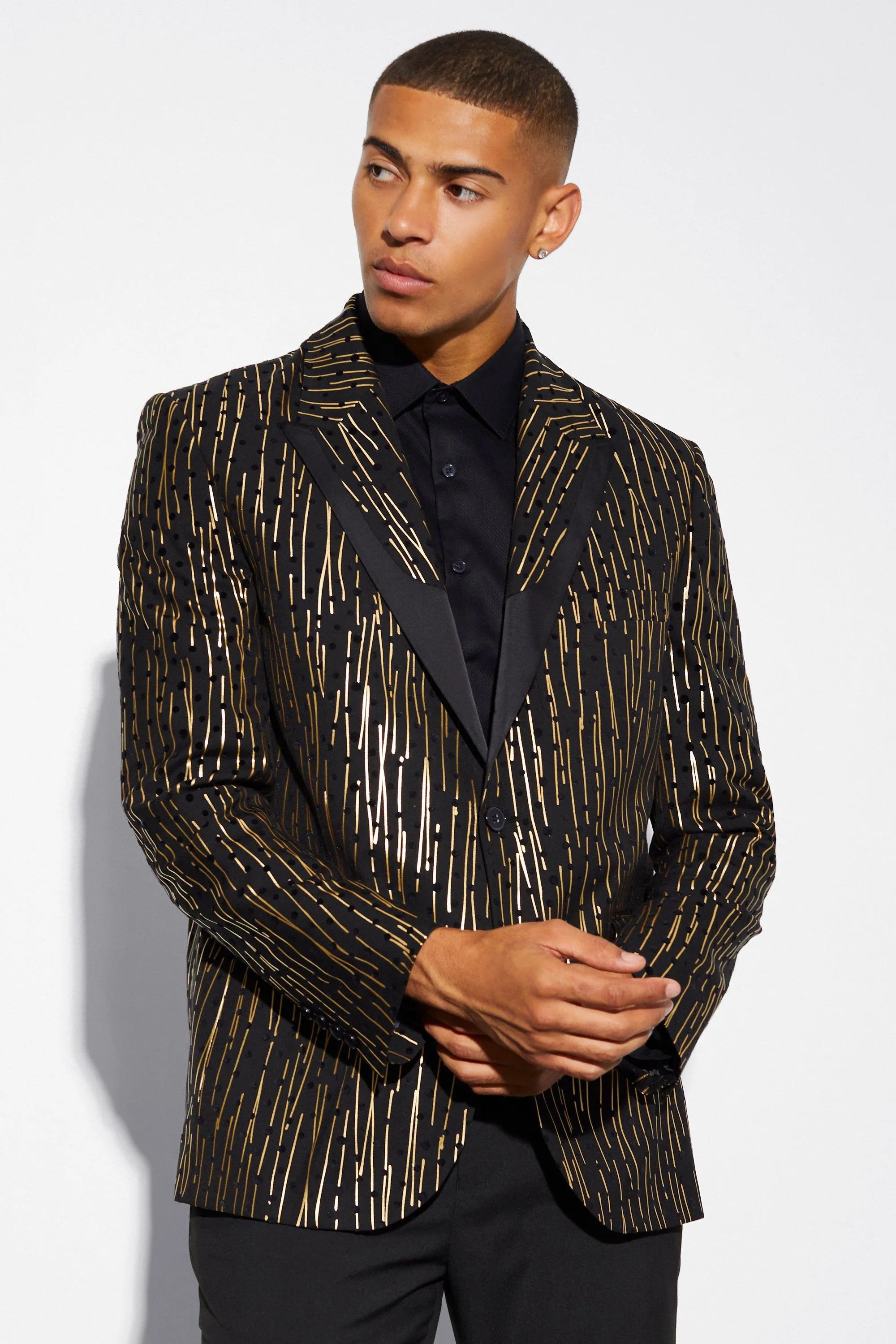 Oversized Boxy Gold Metallic Stripe Blazer