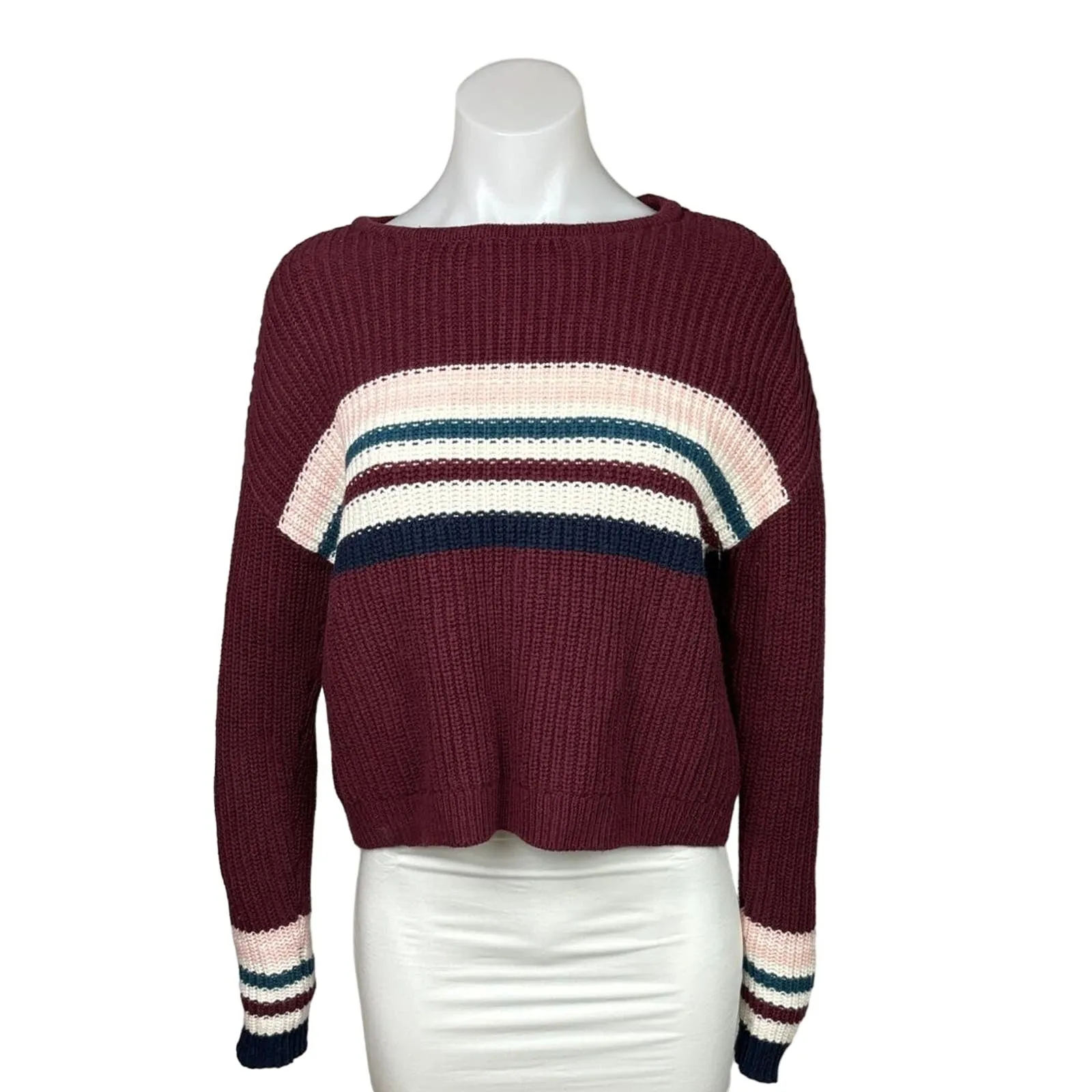 Pacsun Rugby Striped Red Cotton Long Sleeve Boat Neck Pullover Sweater Size XS