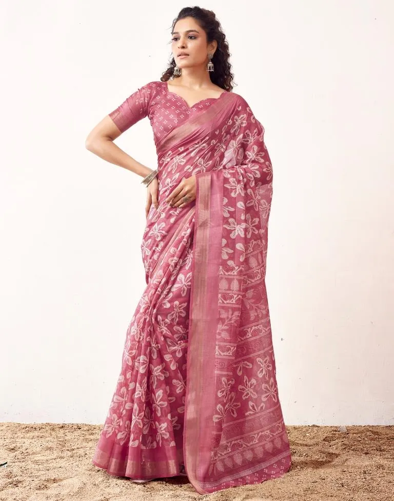 Pink Cotton Printed Sarees