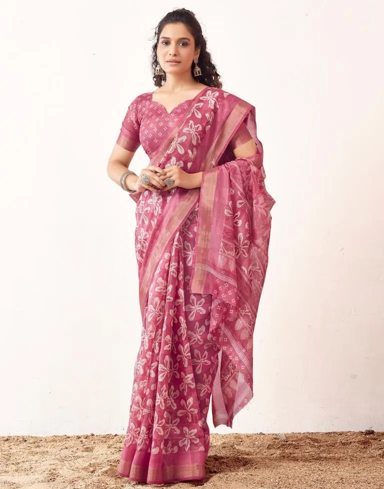 Pink Cotton Printed Sarees