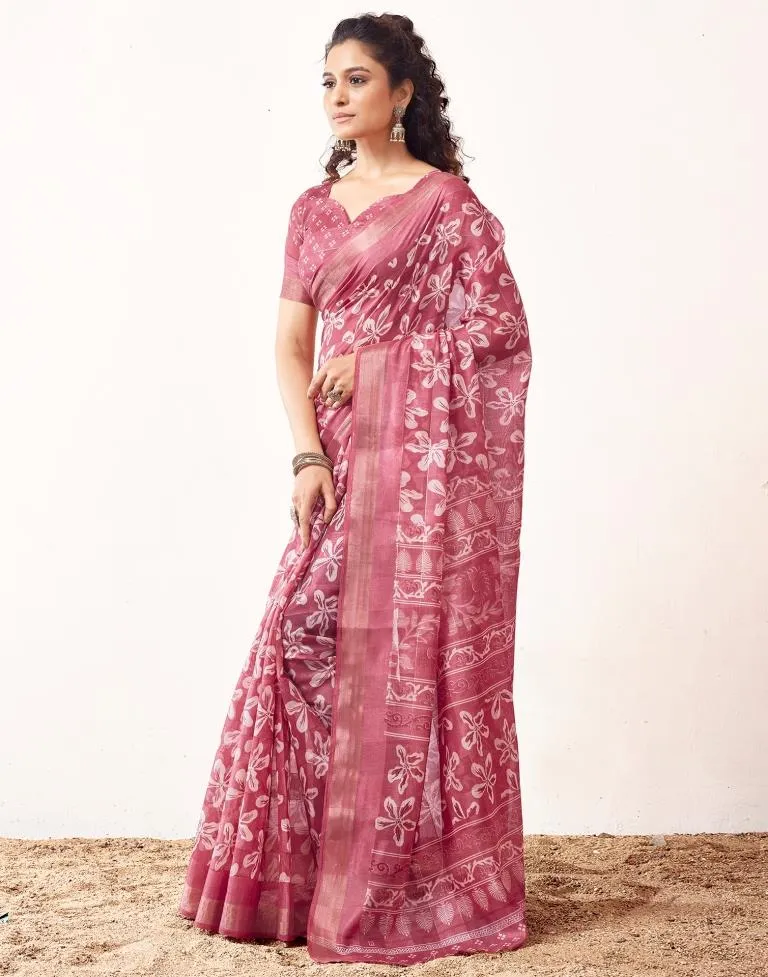 Pink Cotton Printed Sarees