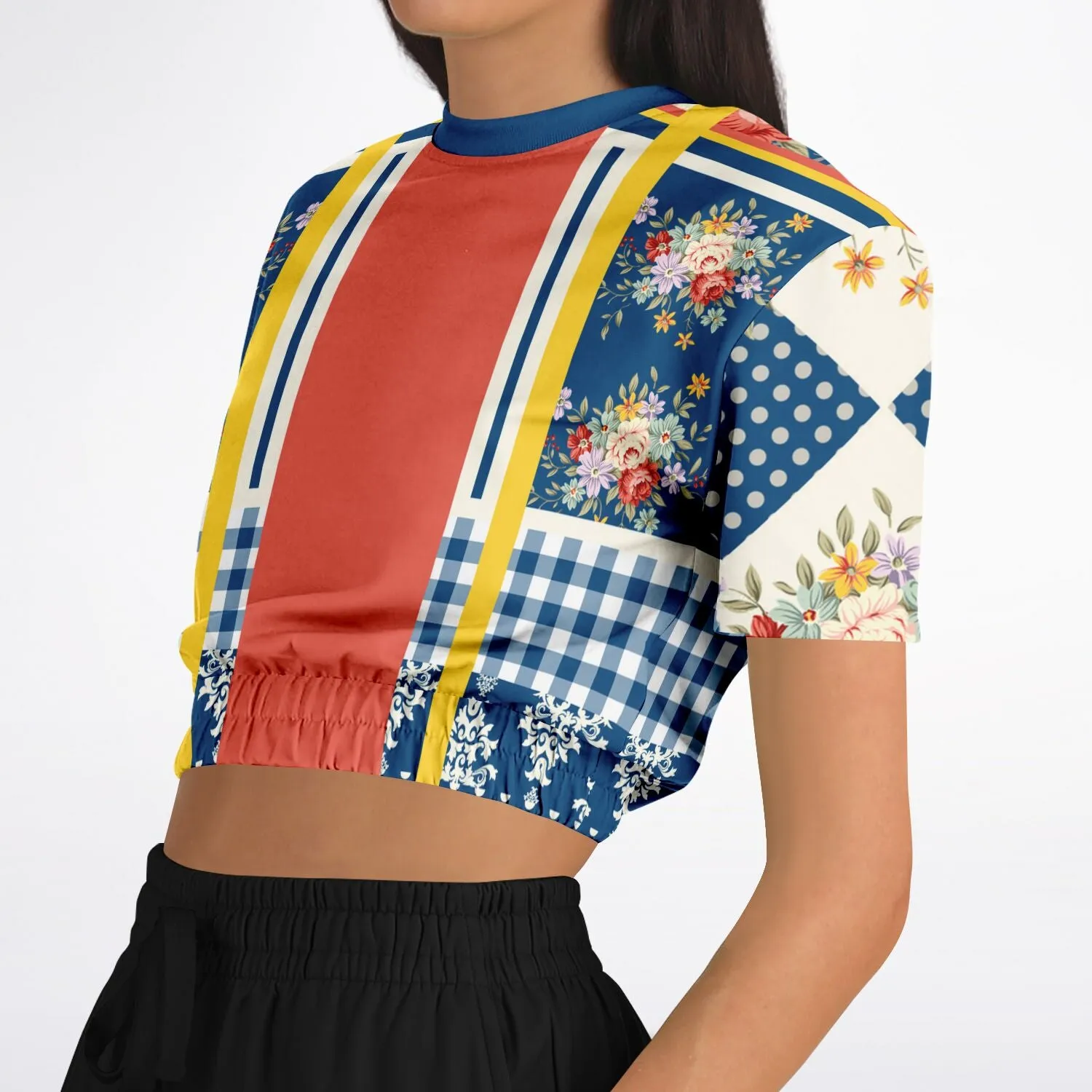 Porcelain Fleur Short Sleeve Cropped Eco-Poly Sweater