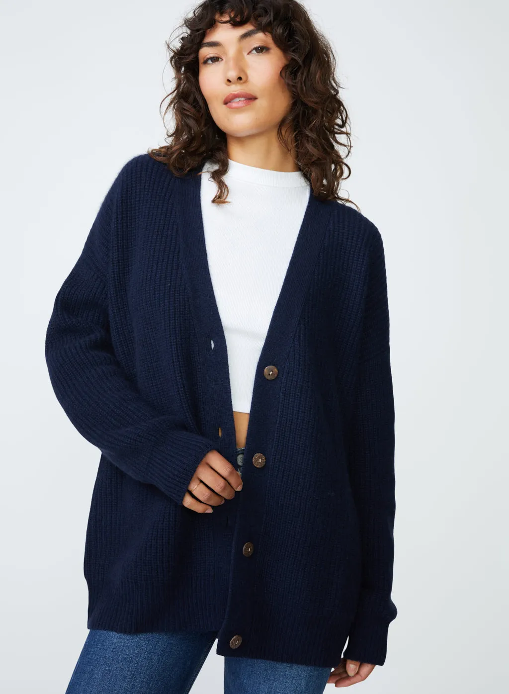 Ribbed Cashmere Oversized Cardigan Sweater in New Navy