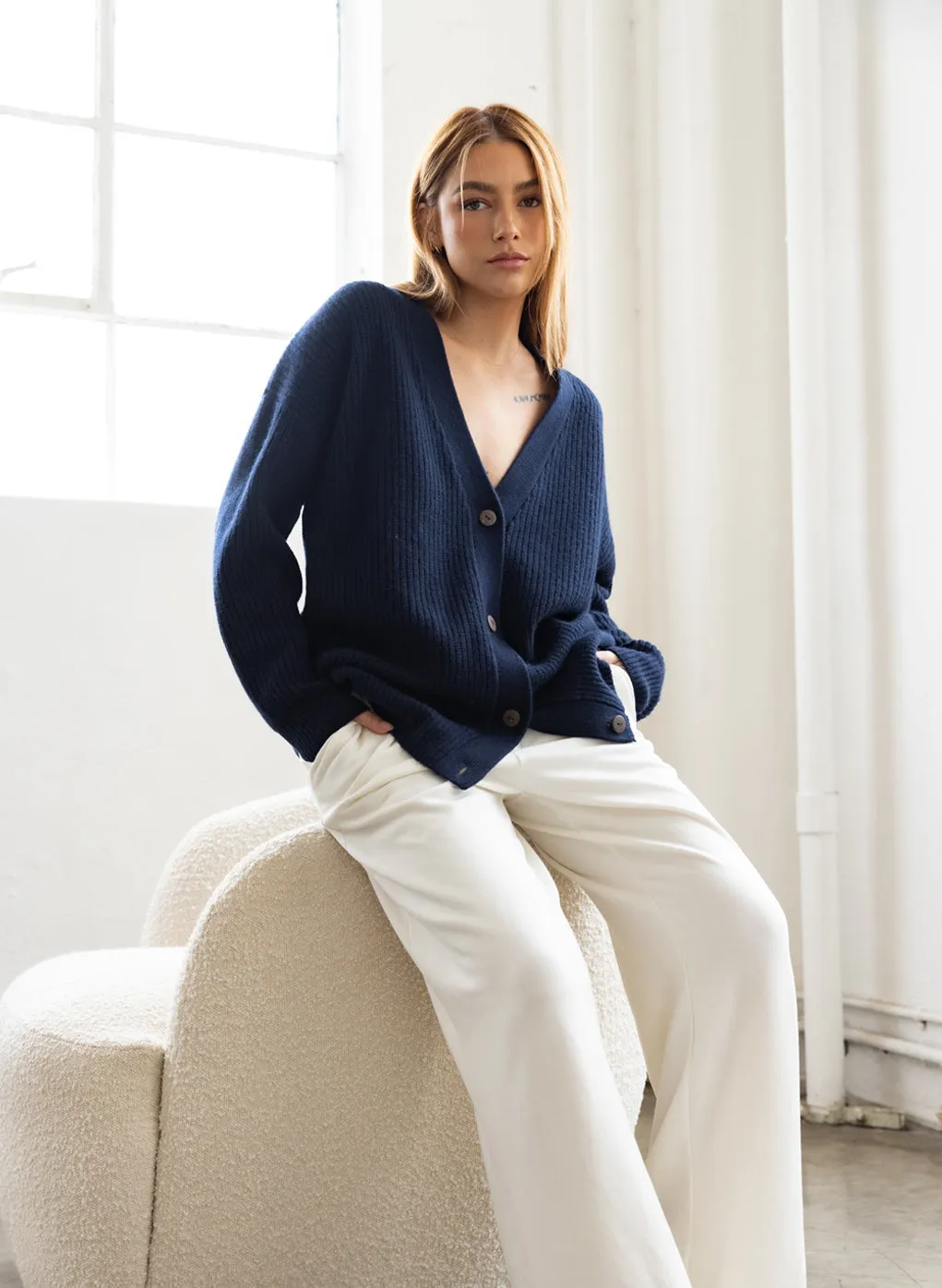 Ribbed Cashmere Oversized Cardigan Sweater in New Navy