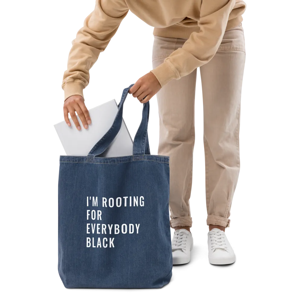 Rooting for Everyone Black Organic Denim Tote Bag