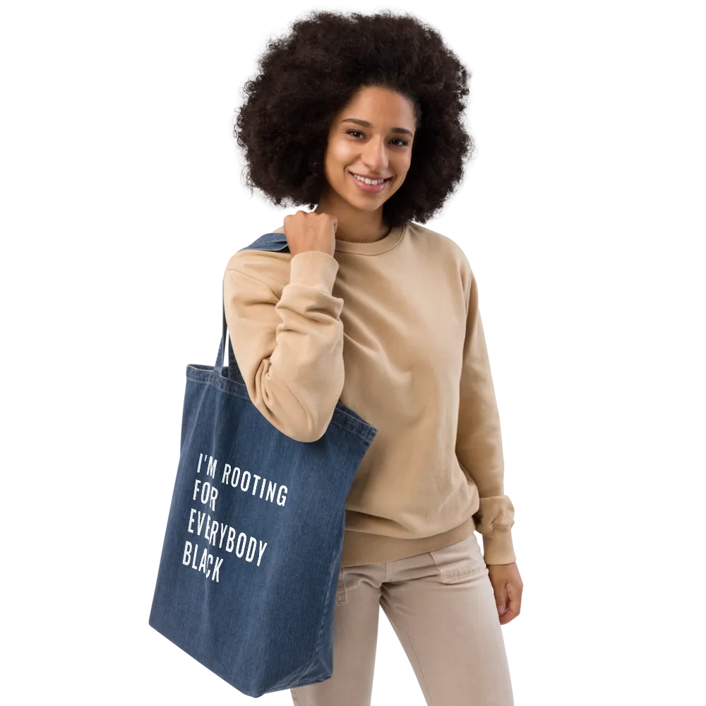 Rooting for Everyone Black Organic Denim Tote Bag