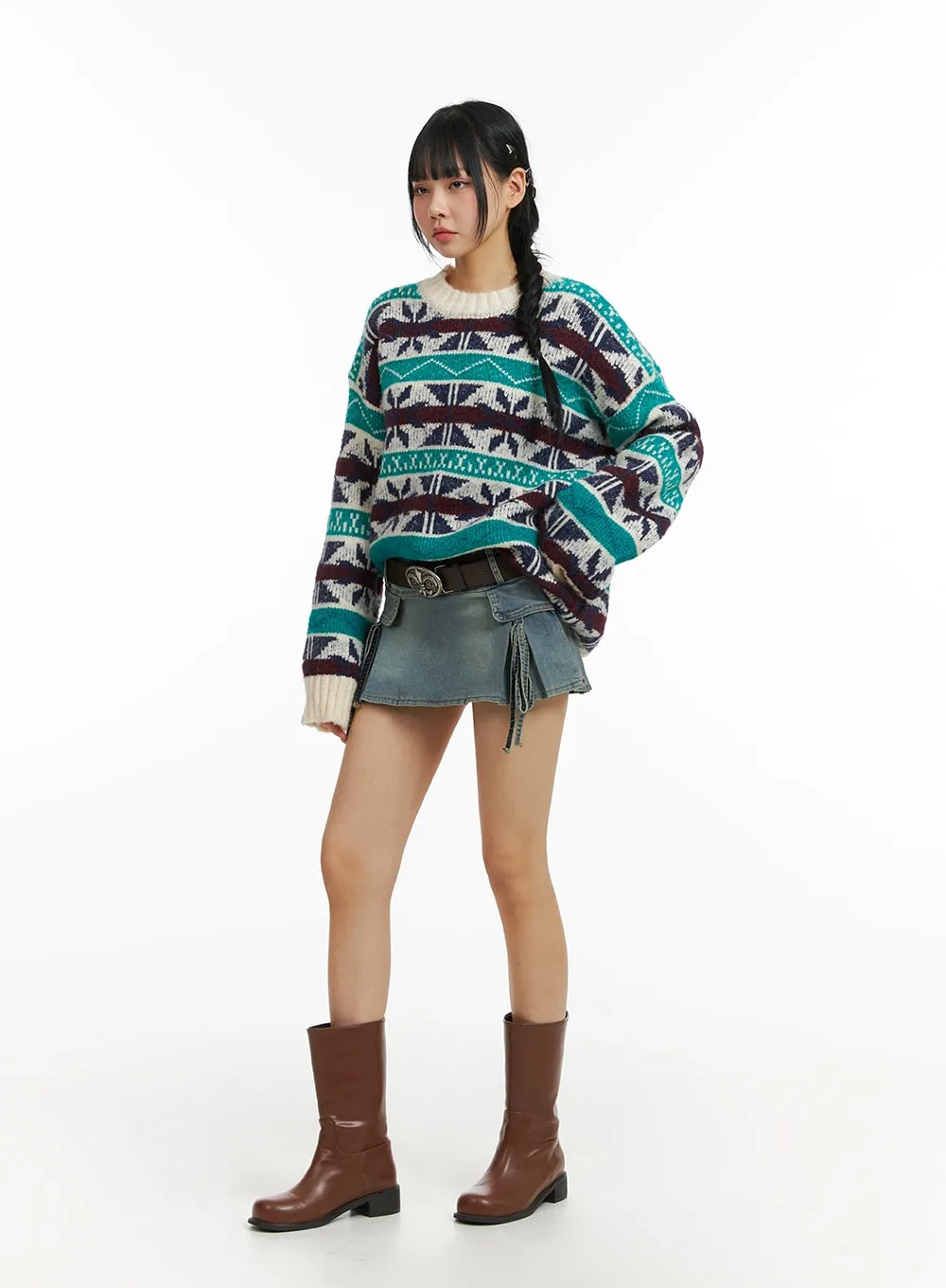 Round Neckline Oversized Knitted Long Sleeve Sweater CJ412