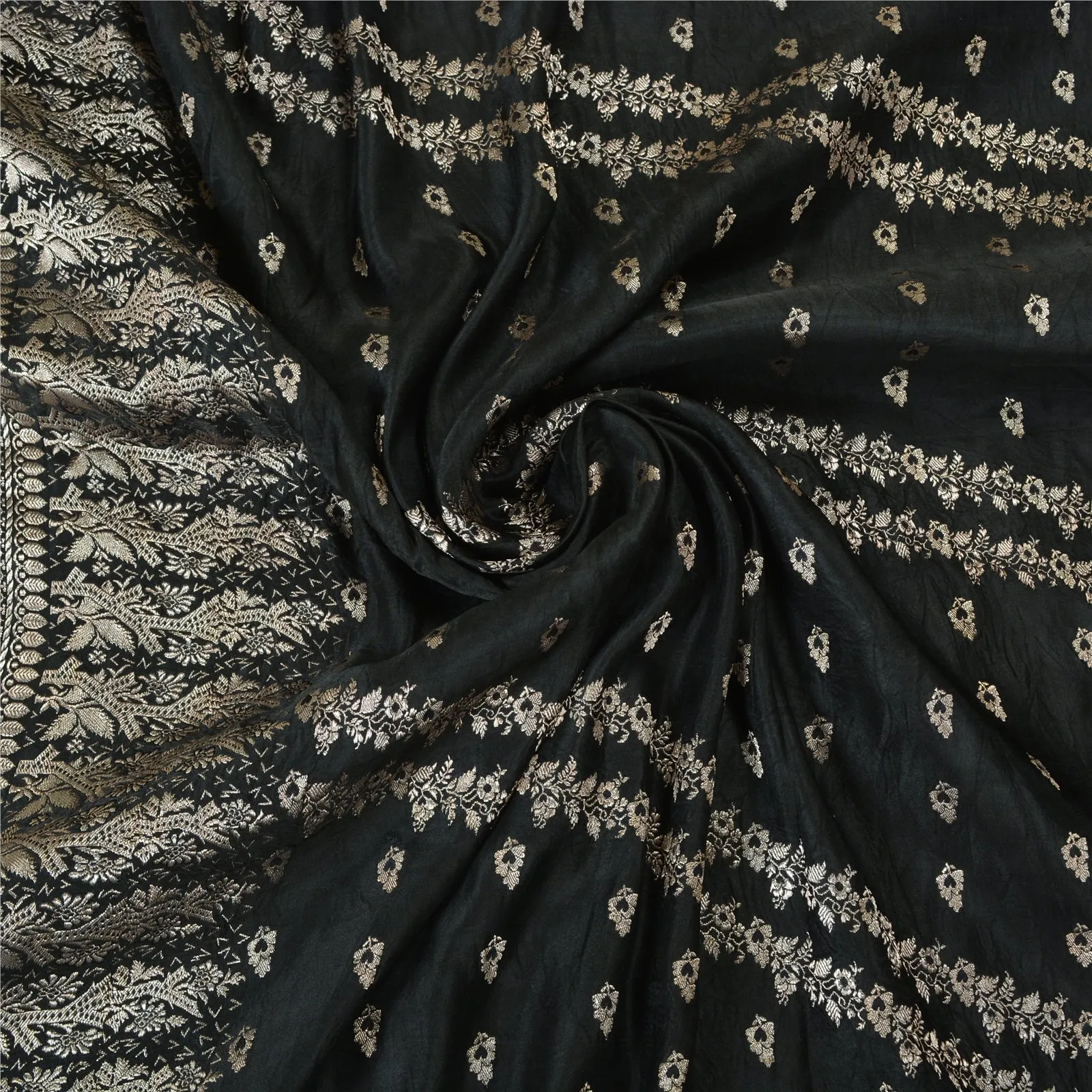 Sanskriti Vintage Black Sarees Pure Satin Woven Brocade/Banarasi Sari Fabric