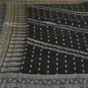 Sanskriti Vintage Black Sarees Pure Satin Woven Brocade/Banarasi Sari Fabric