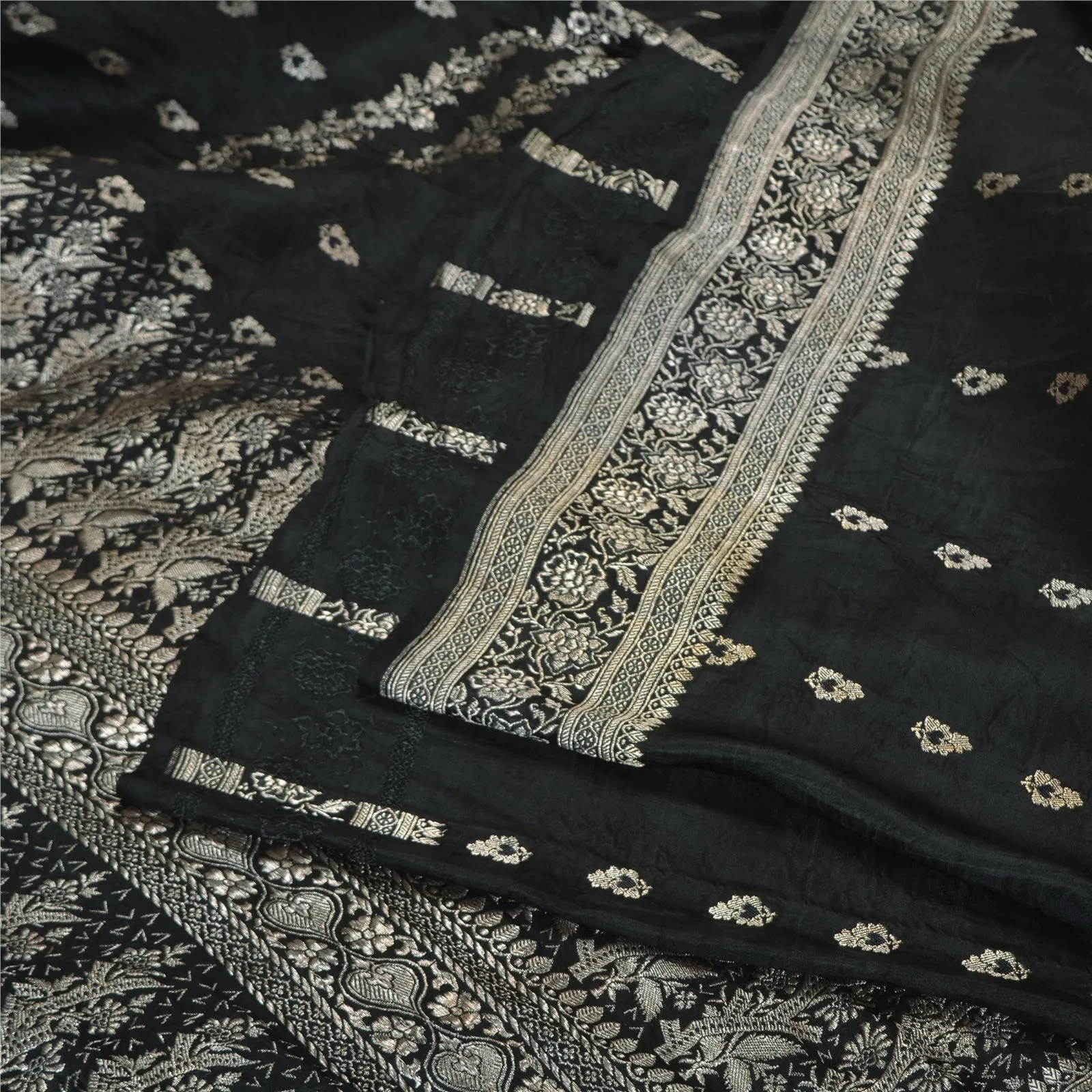 Sanskriti Vintage Black Sarees Pure Satin Woven Brocade/Banarasi Sari Fabric