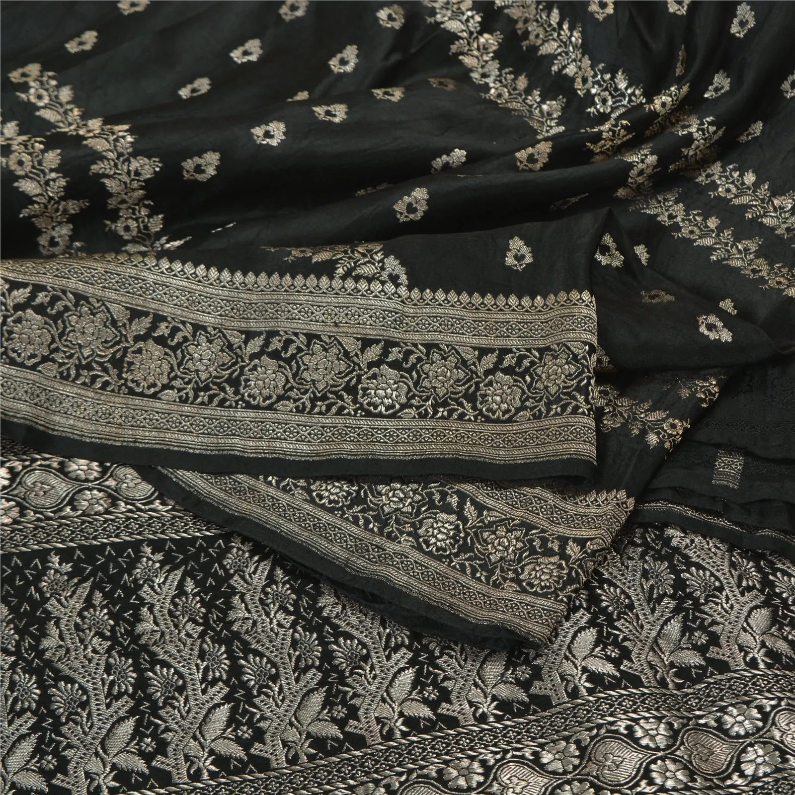 Sanskriti Vintage Black Sarees Pure Satin Woven Brocade/Banarasi Sari Fabric