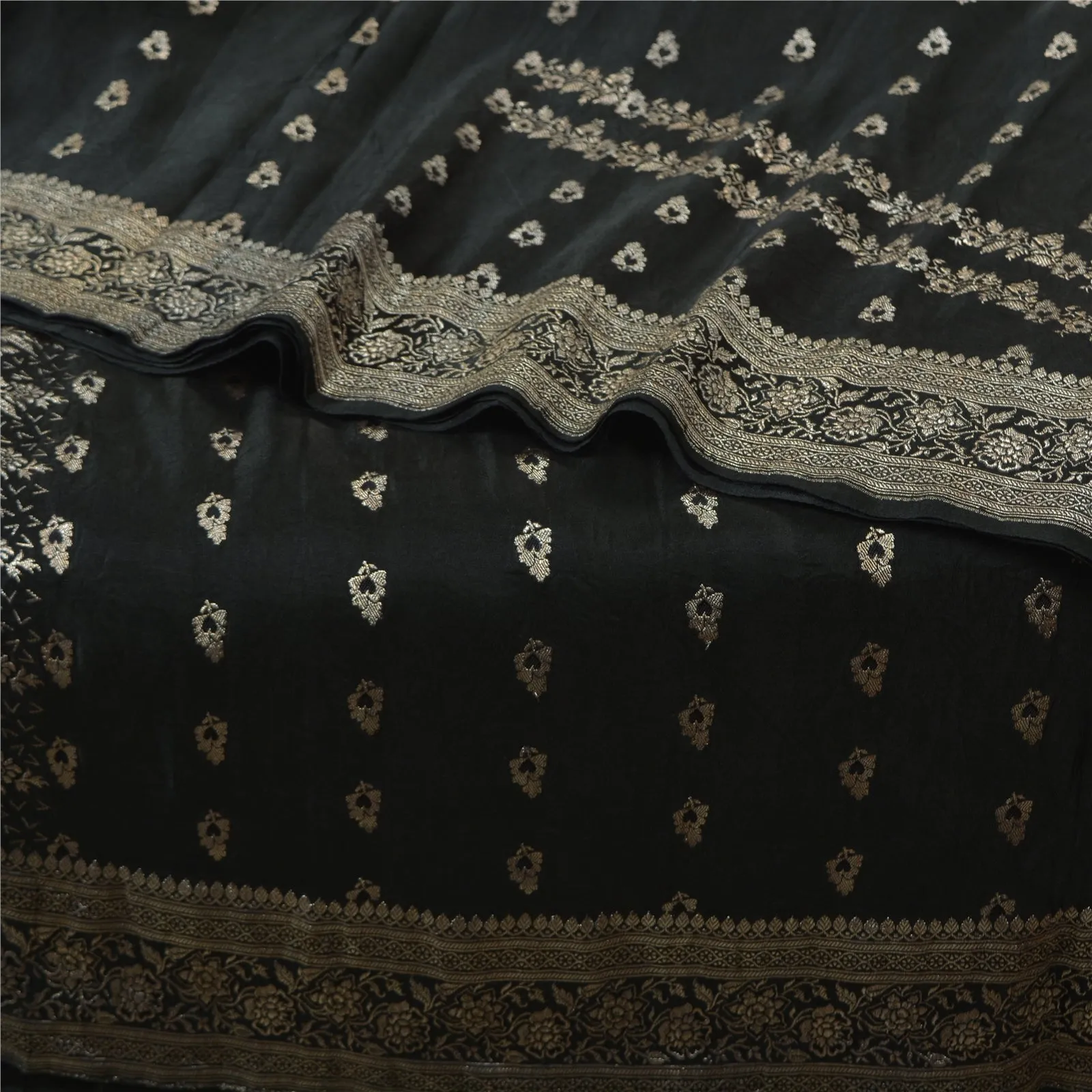 Sanskriti Vintage Black Sarees Pure Satin Woven Brocade/Banarasi Sari Fabric