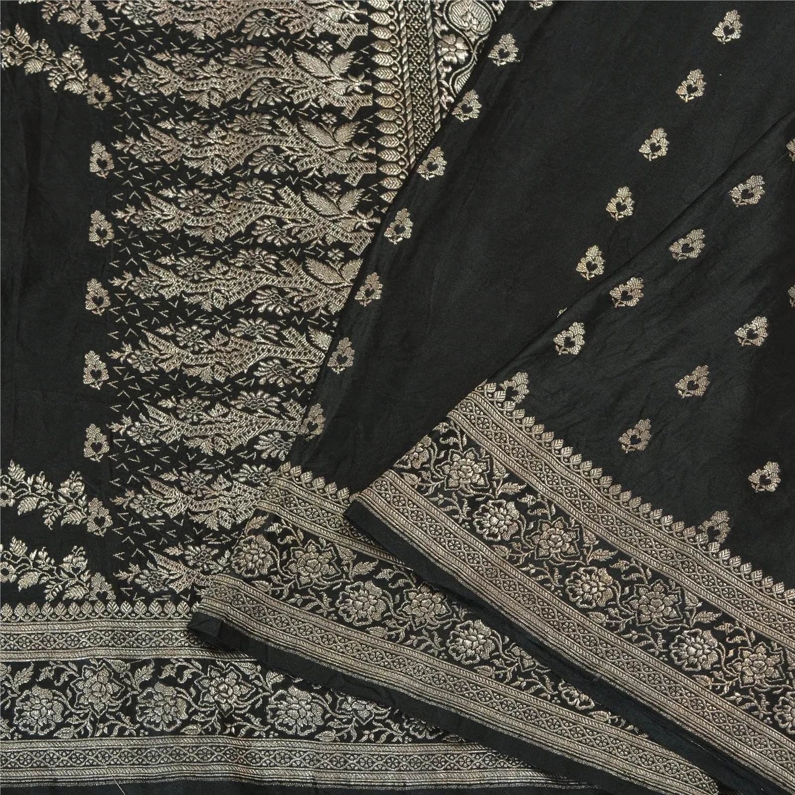 Sanskriti Vintage Black Sarees Pure Satin Woven Brocade/Banarasi Sari Fabric