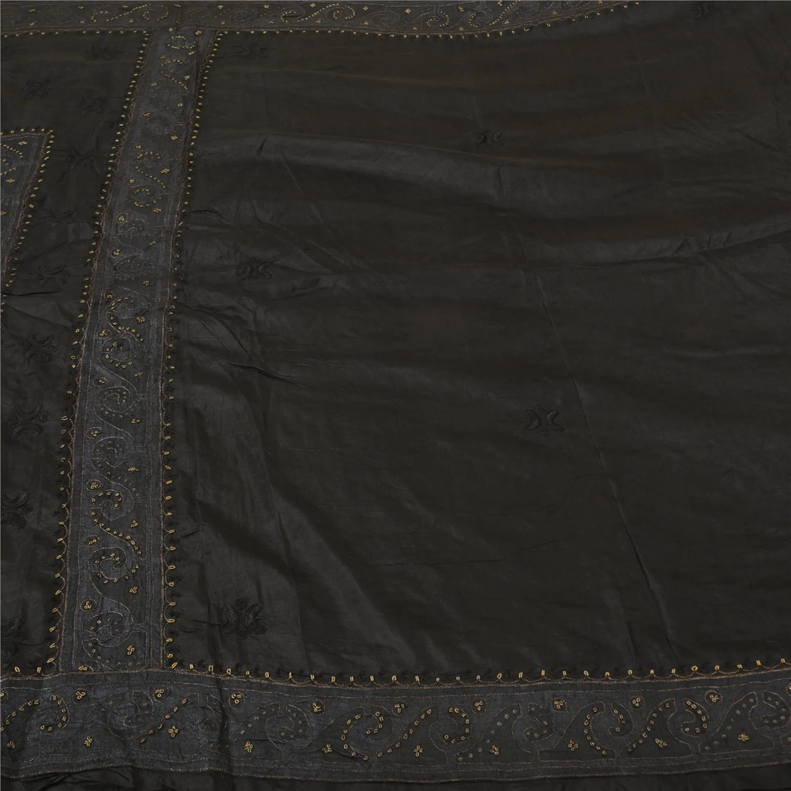 Sanskriti Vintage Black Sarees Pure Silk Hand Beaded Premium Sari Craft Fabric