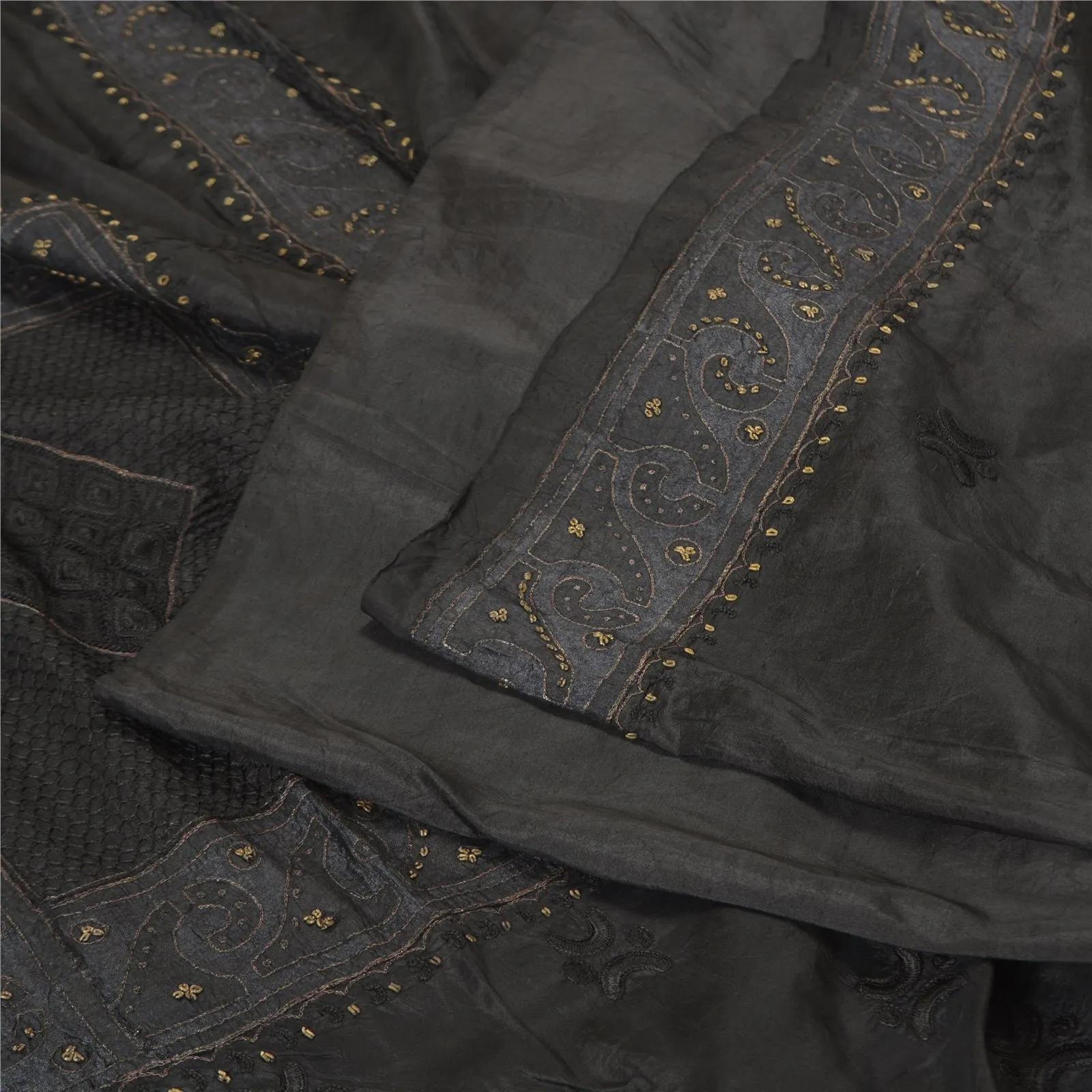 Sanskriti Vintage Black Sarees Pure Silk Hand Beaded Premium Sari Craft Fabric