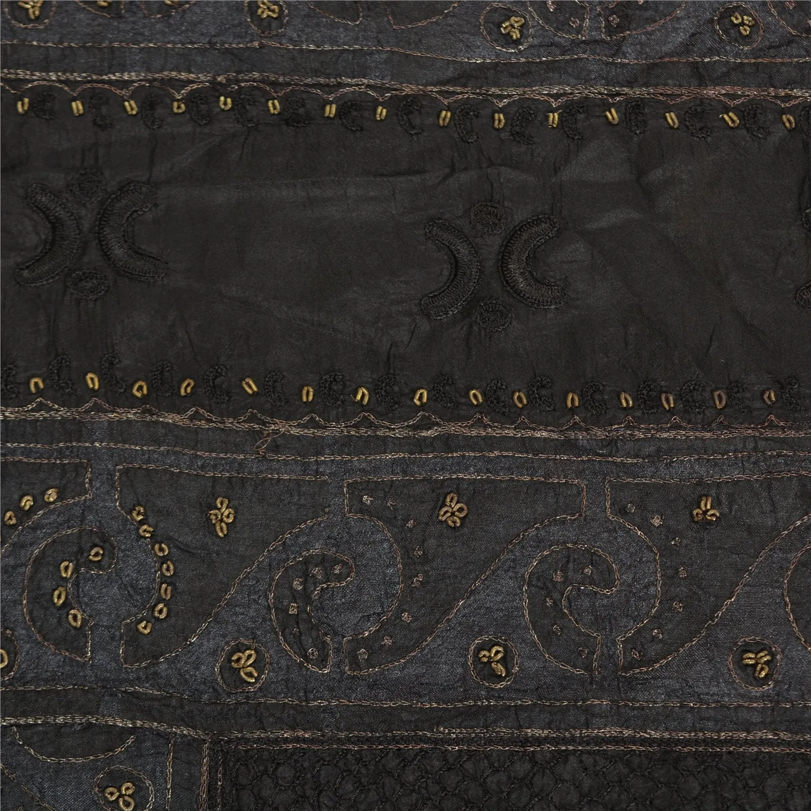 Sanskriti Vintage Black Sarees Pure Silk Hand Beaded Premium Sari Craft Fabric