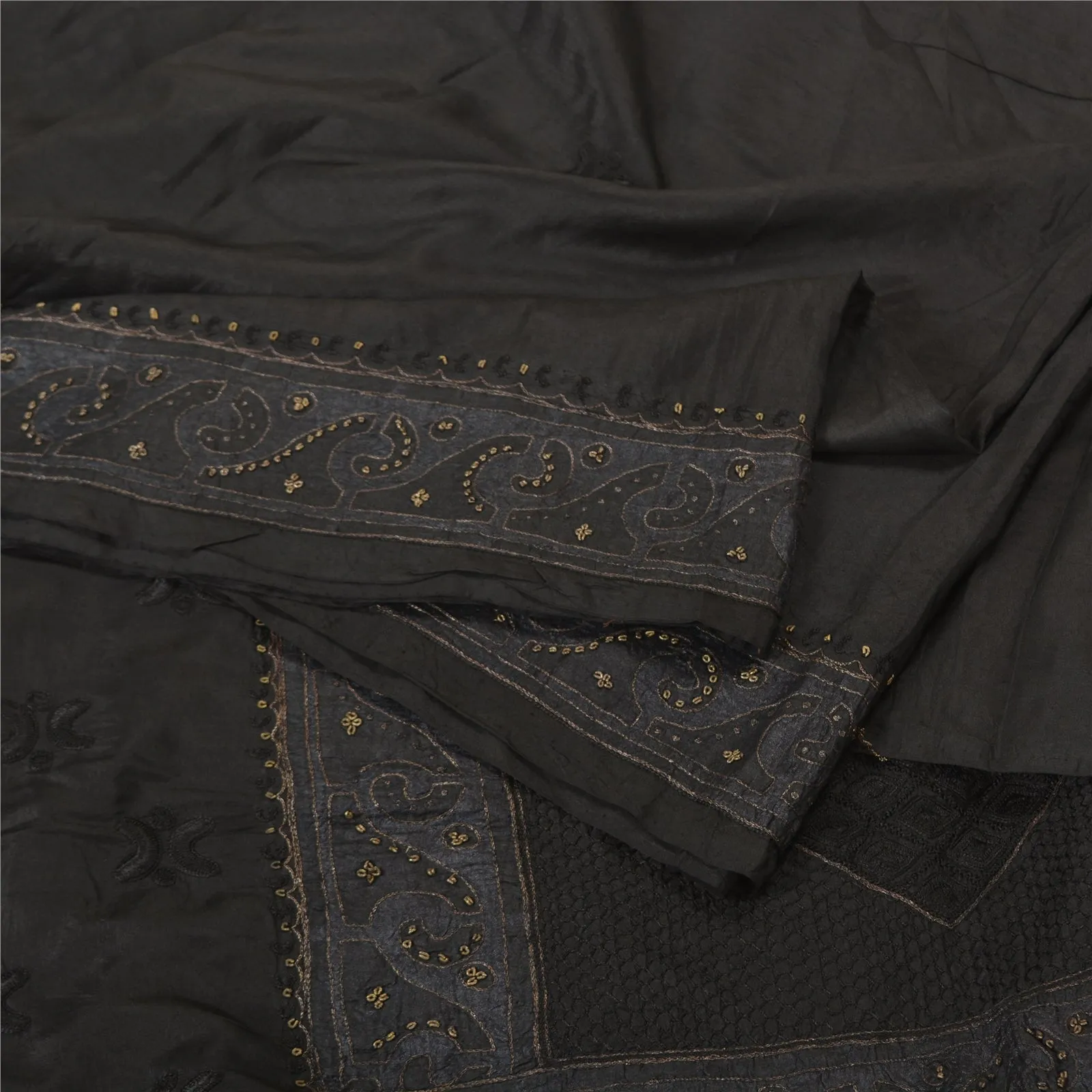 Sanskriti Vintage Black Sarees Pure Silk Hand Beaded Premium Sari Craft Fabric