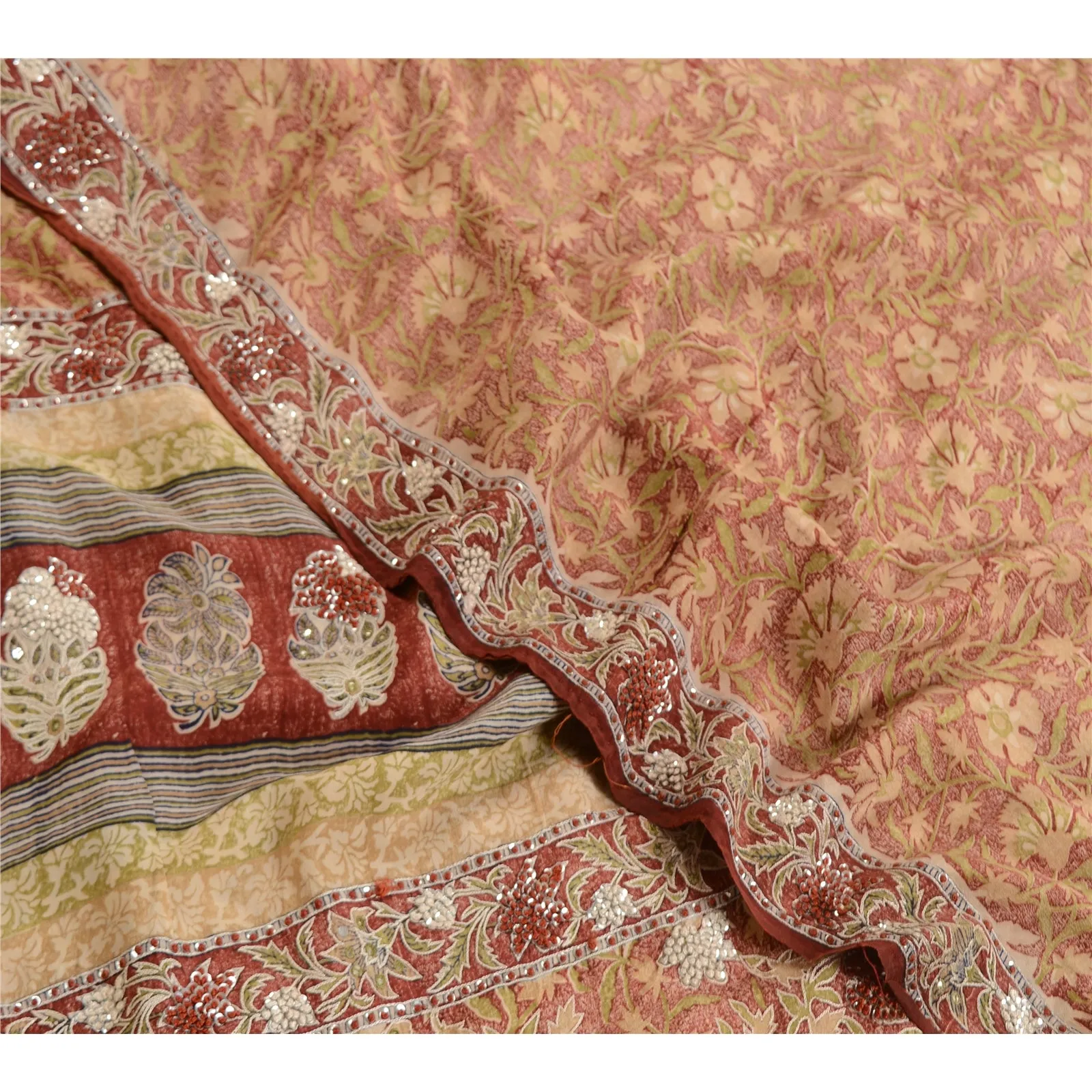 Sanskriti Vintage Dark Red Sarees Pure Crepe Silk Printed Sari Craft Fabric